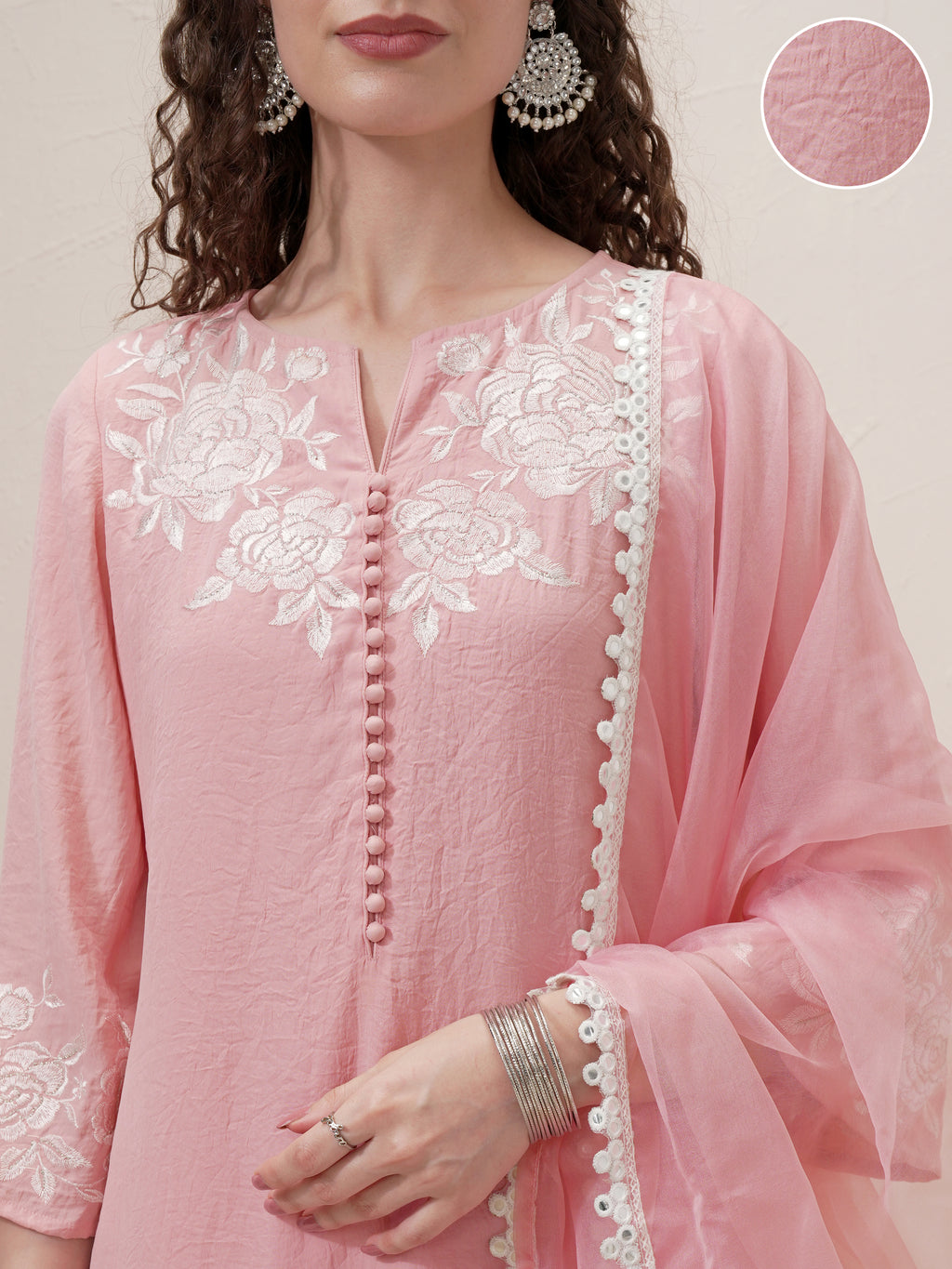 Vishudh Women Pink Embroidered Kurta With Trouser And Dupatta - Pink - Image 5