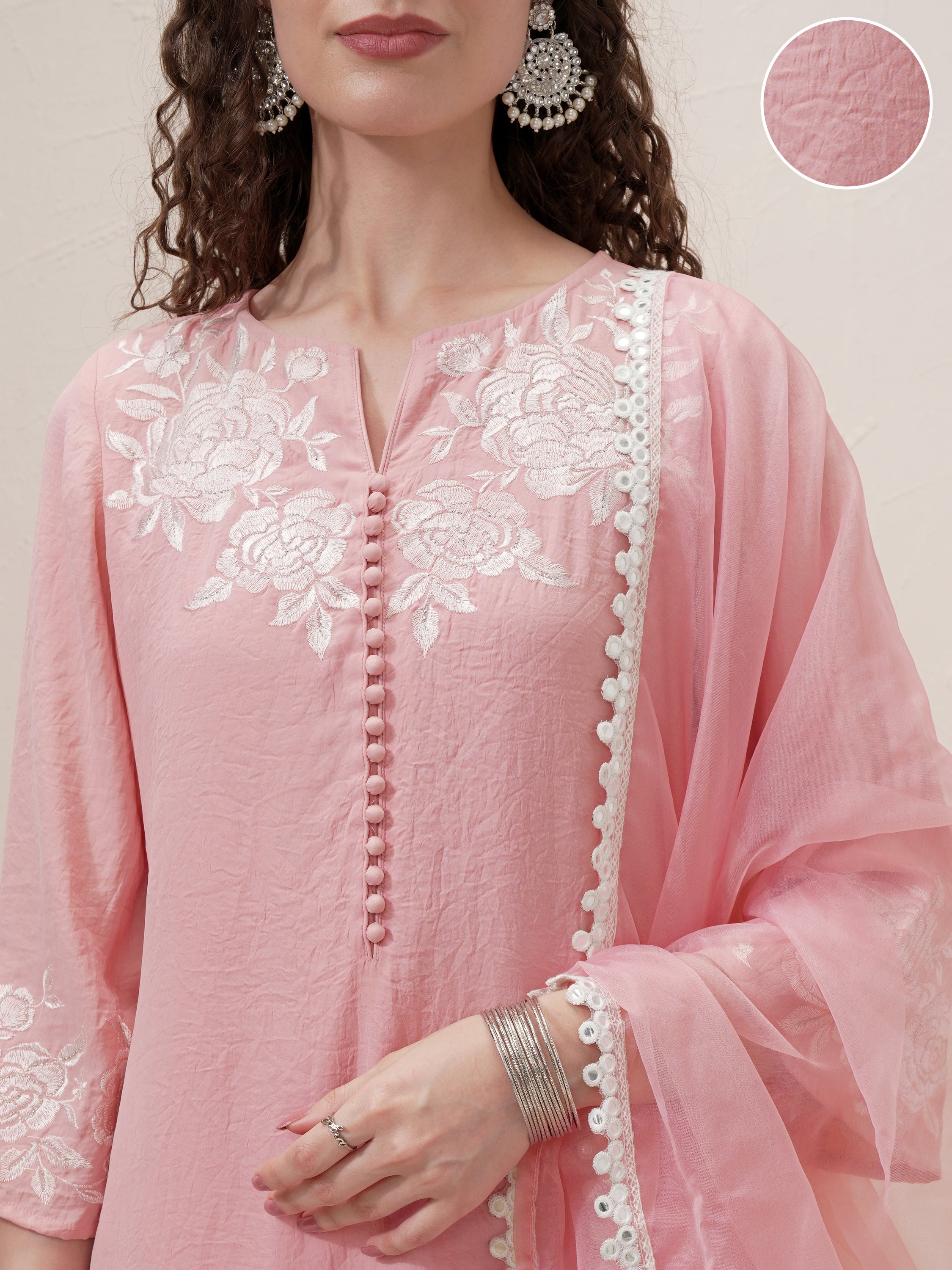 Vishudh Women Pink Embroidered Kurta With Trouser And Dupatta - Pink - Image 5