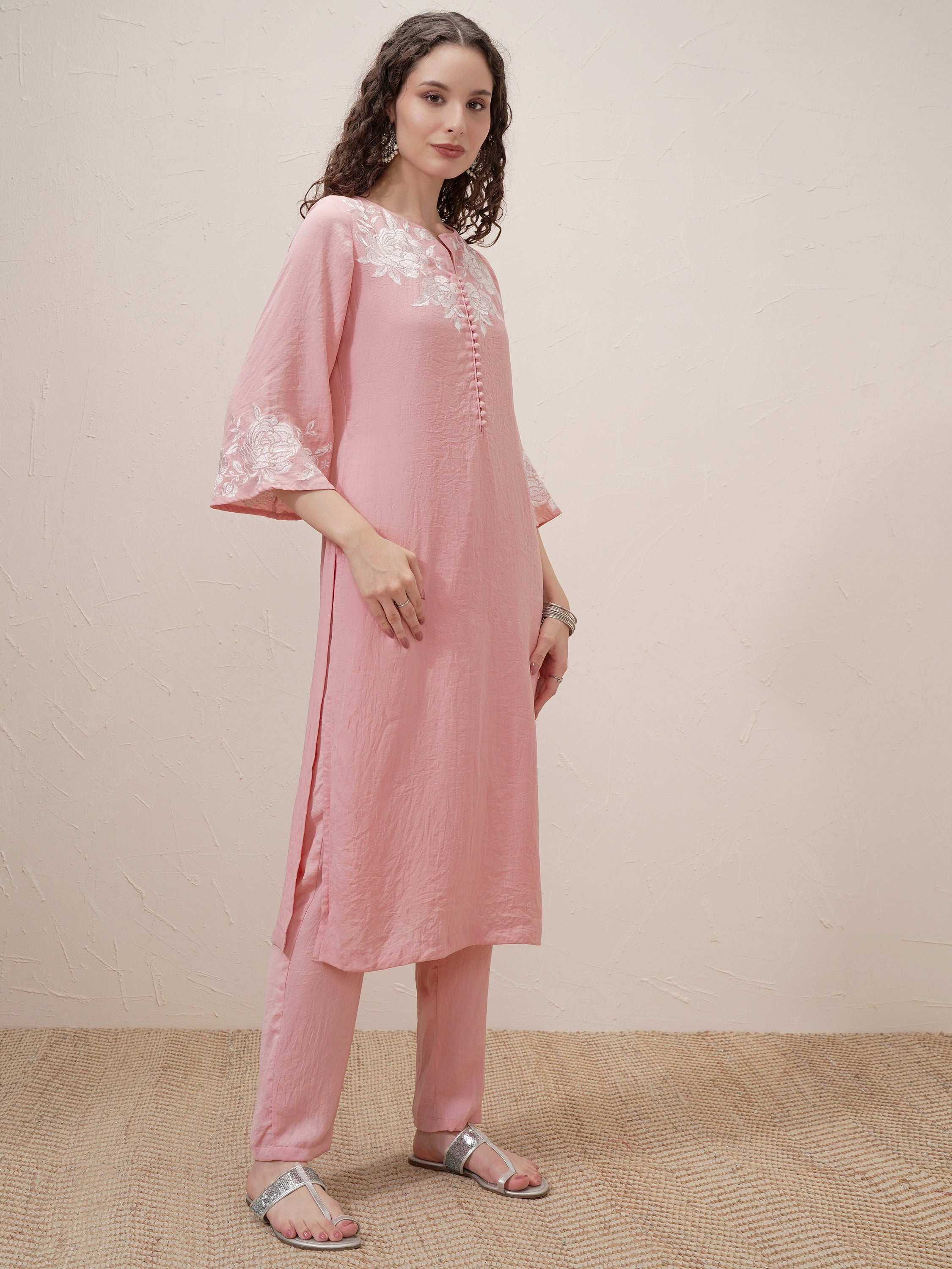 Vishudh Women Pink Embroidered Kurta With Trouser And Dupatta - Pink - Image 6
