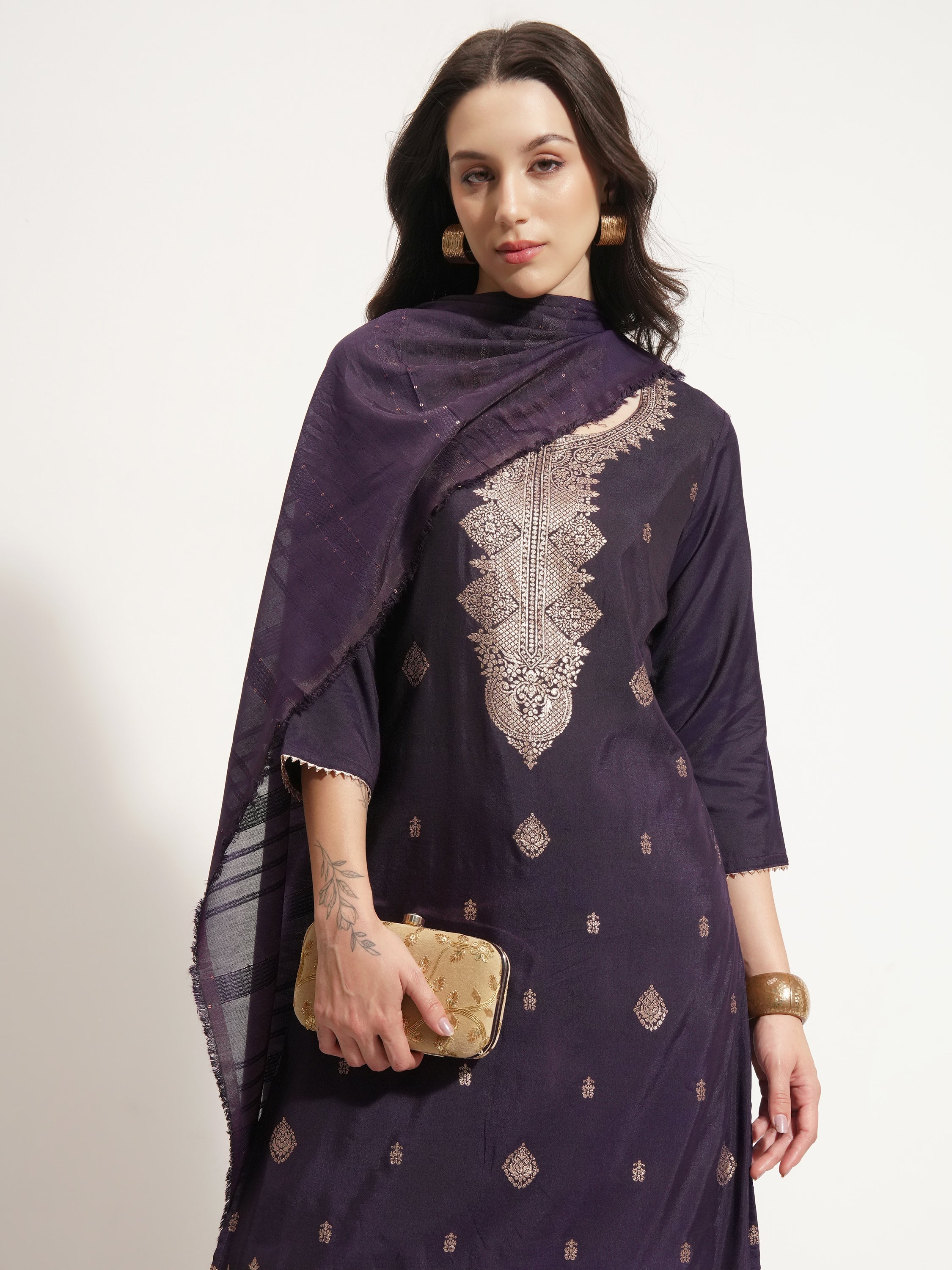 Vishudh Women Purple Printed Kurta With Trouser And Dupatta - Purple - Image 1