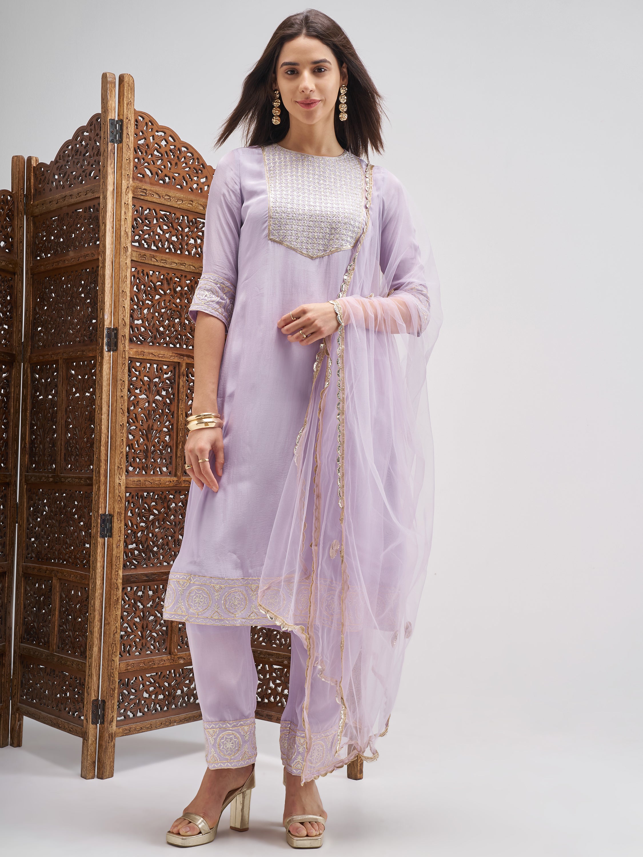 Vishudh Women Lavender Embroidered Kurta And Trouser With Dupatta - Lavender - Image 1