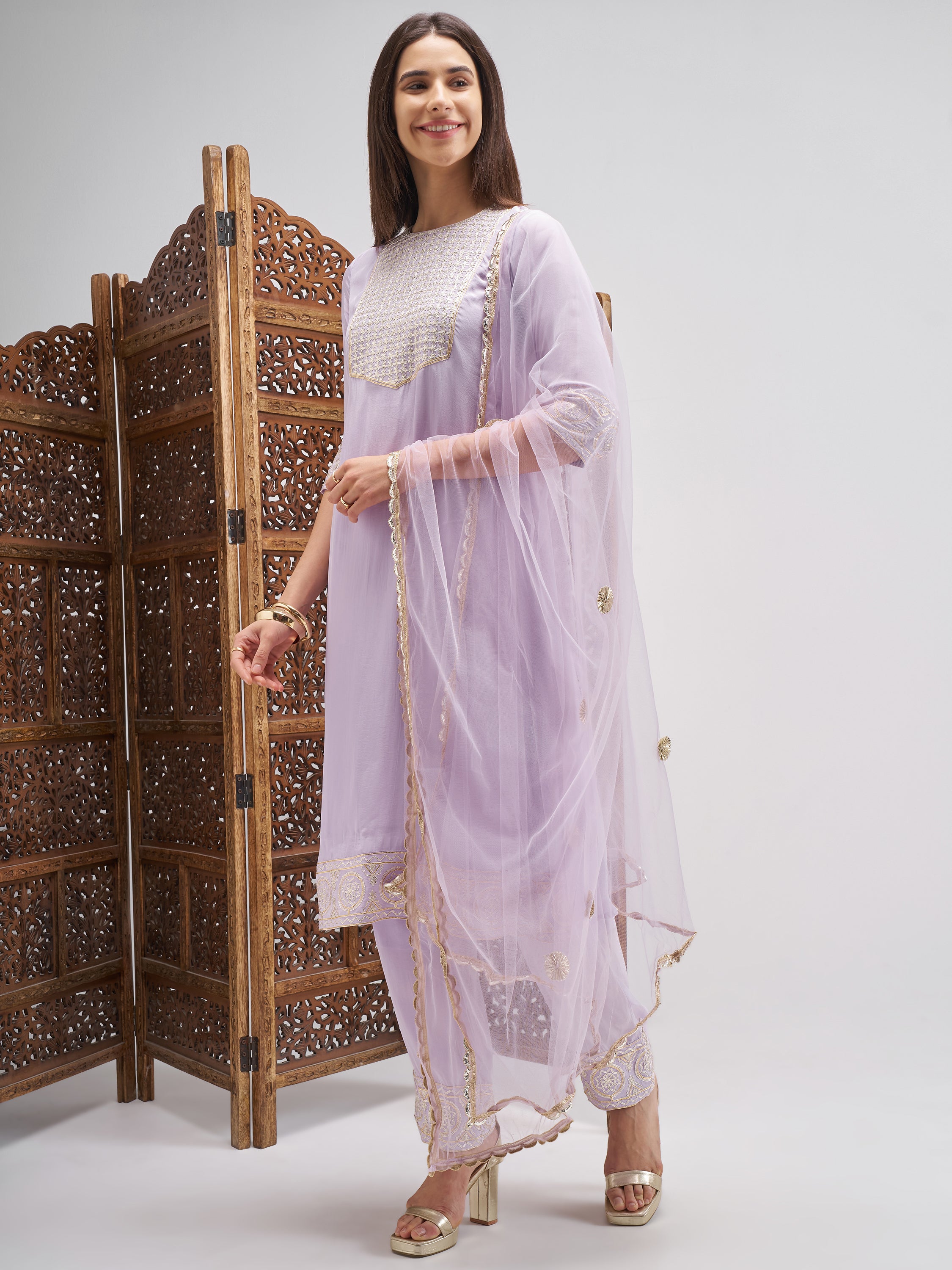 Vishudh Women Lavender Embroidered Kurta And Trouser With Dupatta - Lavender - Image 2