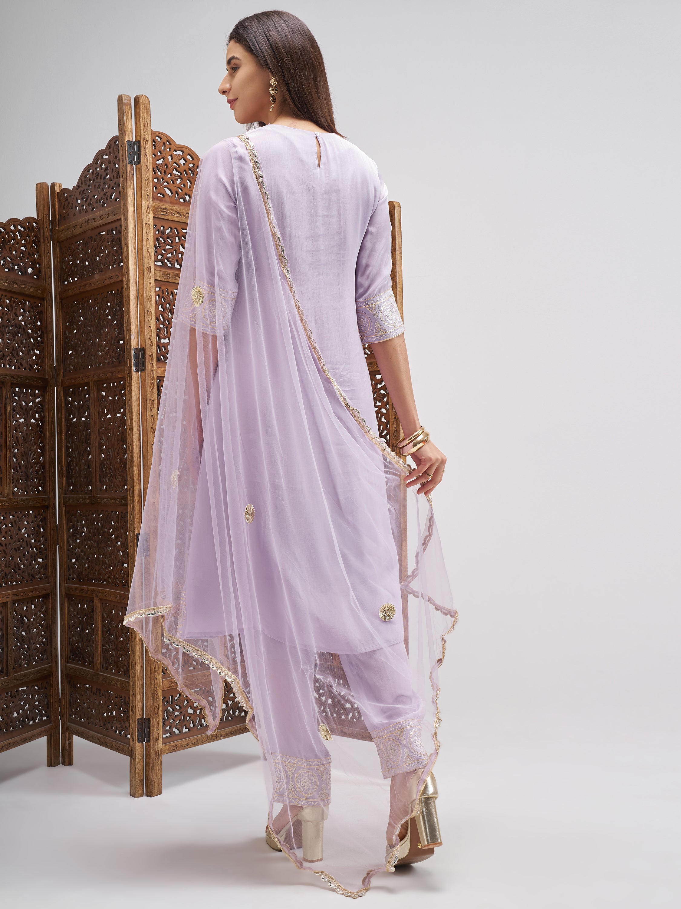 Vishudh Women Lavender Embroidered Kurta And Trouser With Dupatta - Lavender - Image 3