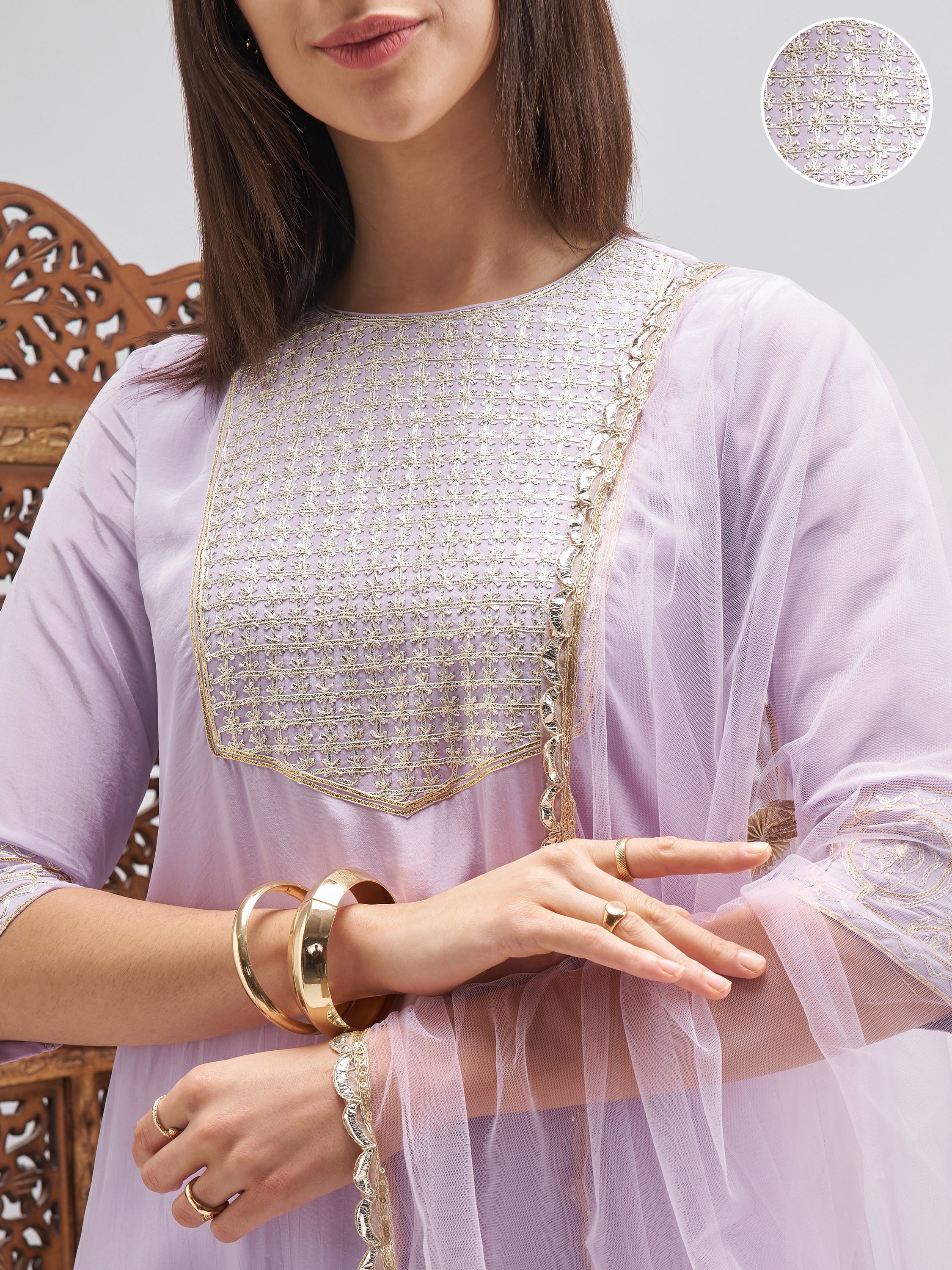 Vishudh Women Lavender Embroidered Kurta And Trouser With Dupatta - Lavender - Image 5