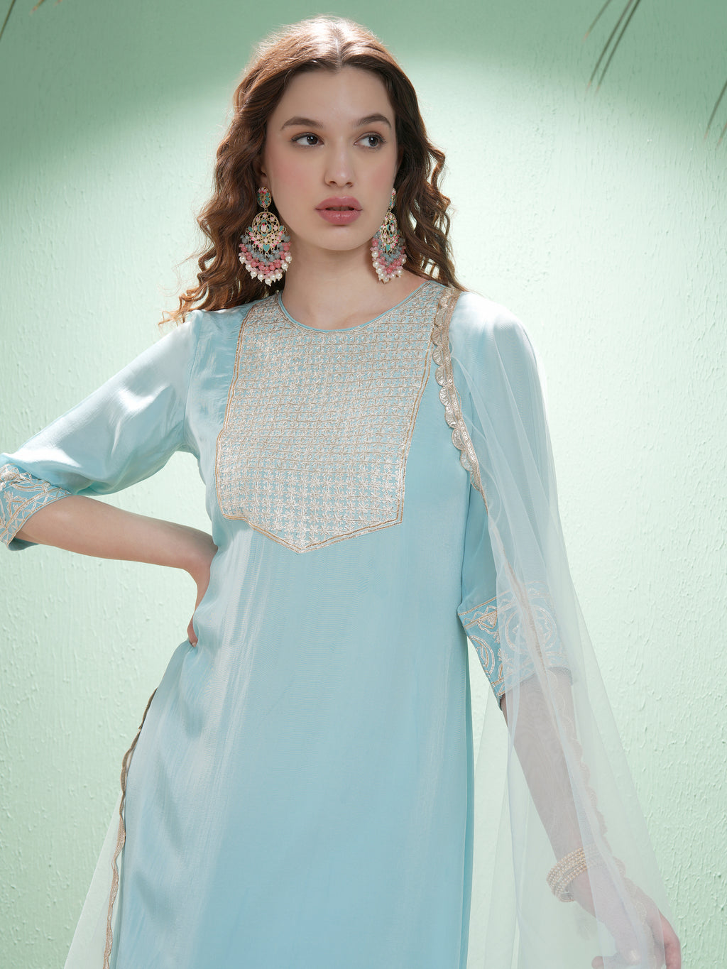 Vishudh Women Blue Embroidered Kurta With Trouser And Dupatta - Blue - Image 1