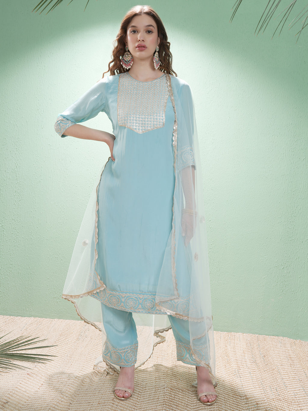 Vishudh Women Blue Embroidered Kurta With Trouser And Dupatta - Blue - Image 2