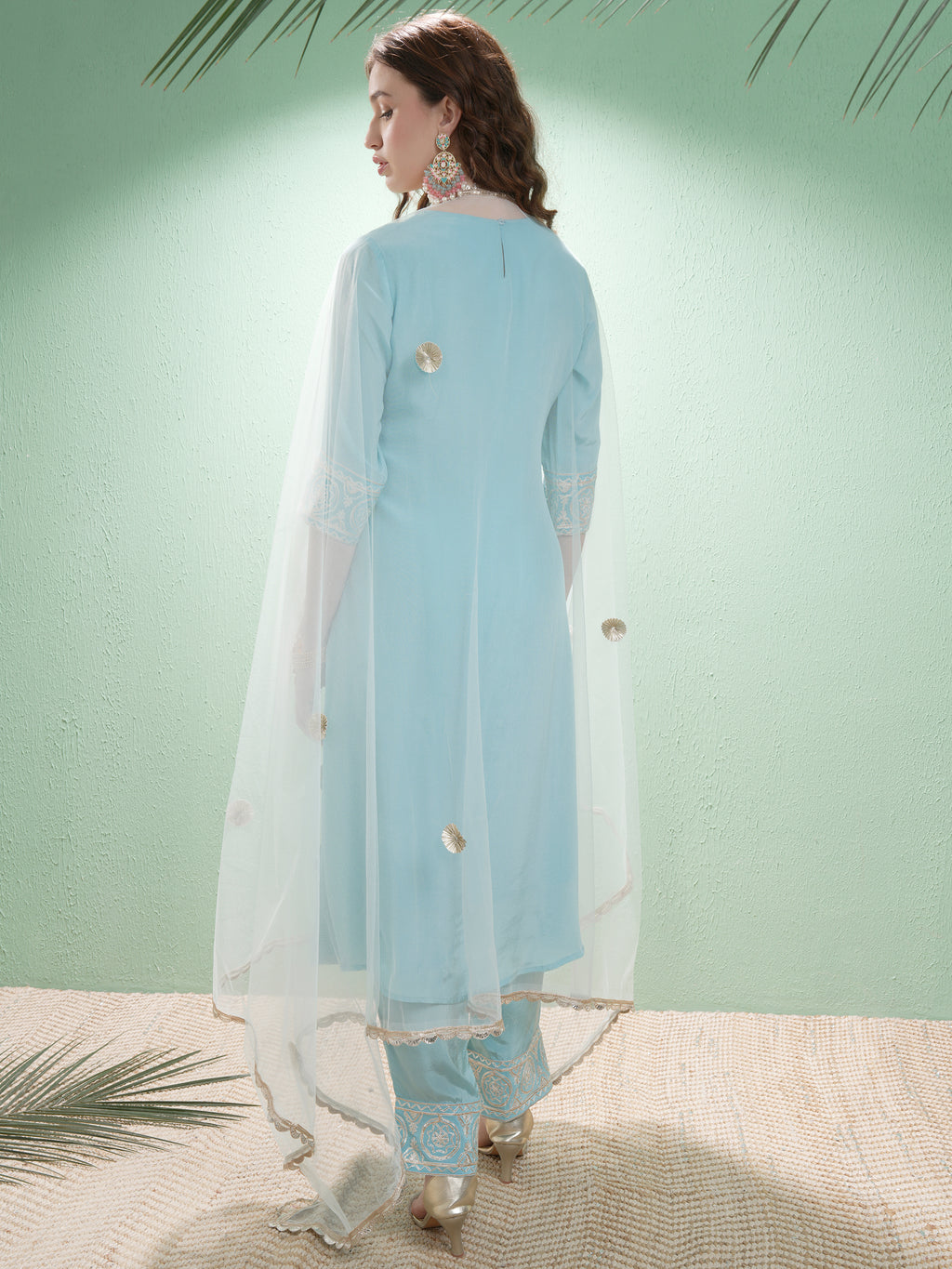 Vishudh Women Blue Embroidered Kurta With Trouser And Dupatta - Blue - Image 3