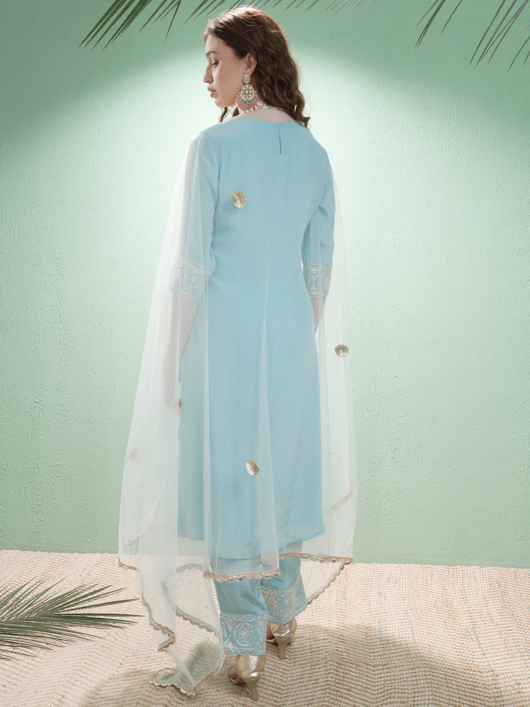 Vishudh Women Blue Embroidered Kurta With Trouser And Dupatta - Blue - Image 3