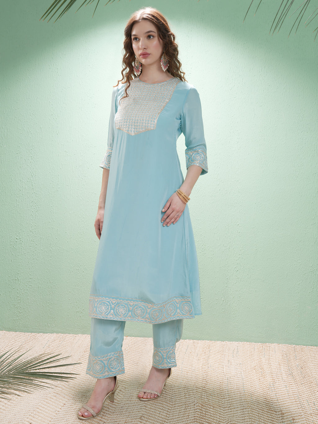 Vishudh Women Blue Embroidered Kurta With Trouser And Dupatta - Blue - Image 4