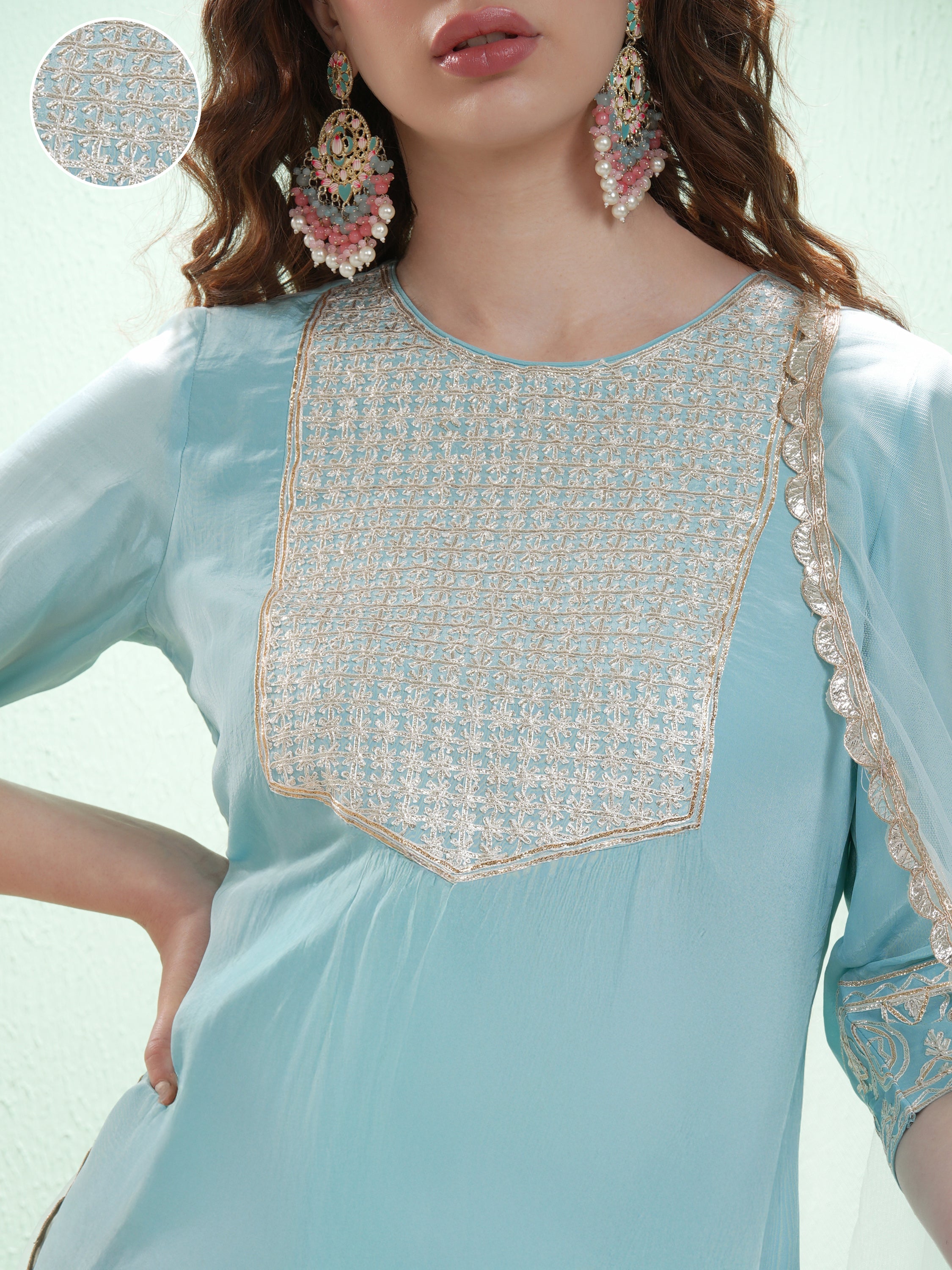 Vishudh Women Blue Embroidered Kurta With Trouser And Dupatta - Blue - Image 5