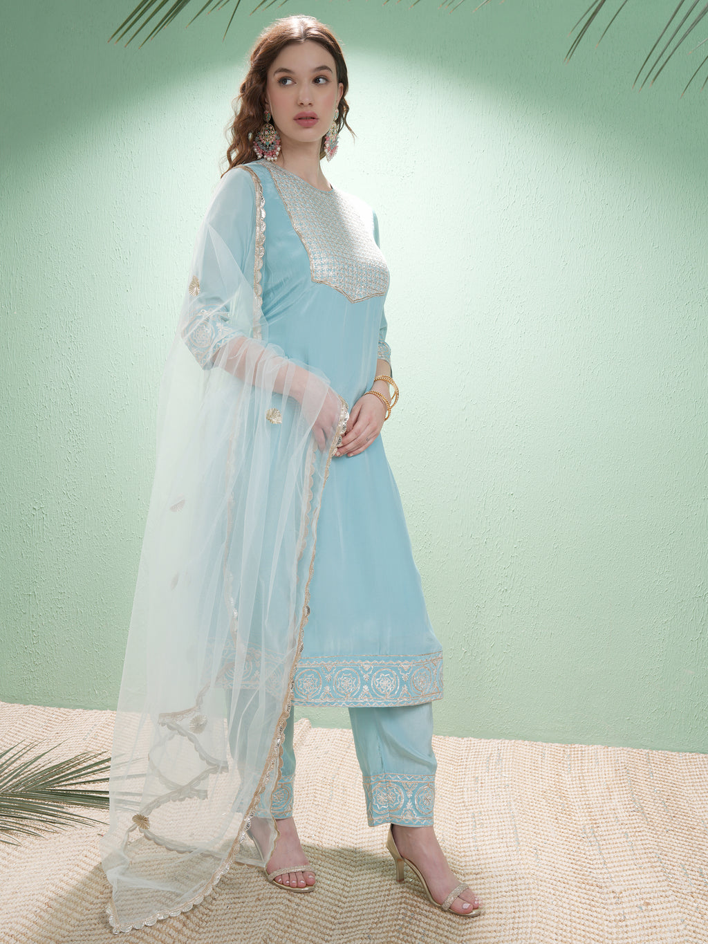 Vishudh Women Blue Embroidered Kurta With Trouser And Dupatta - Blue - Image 6