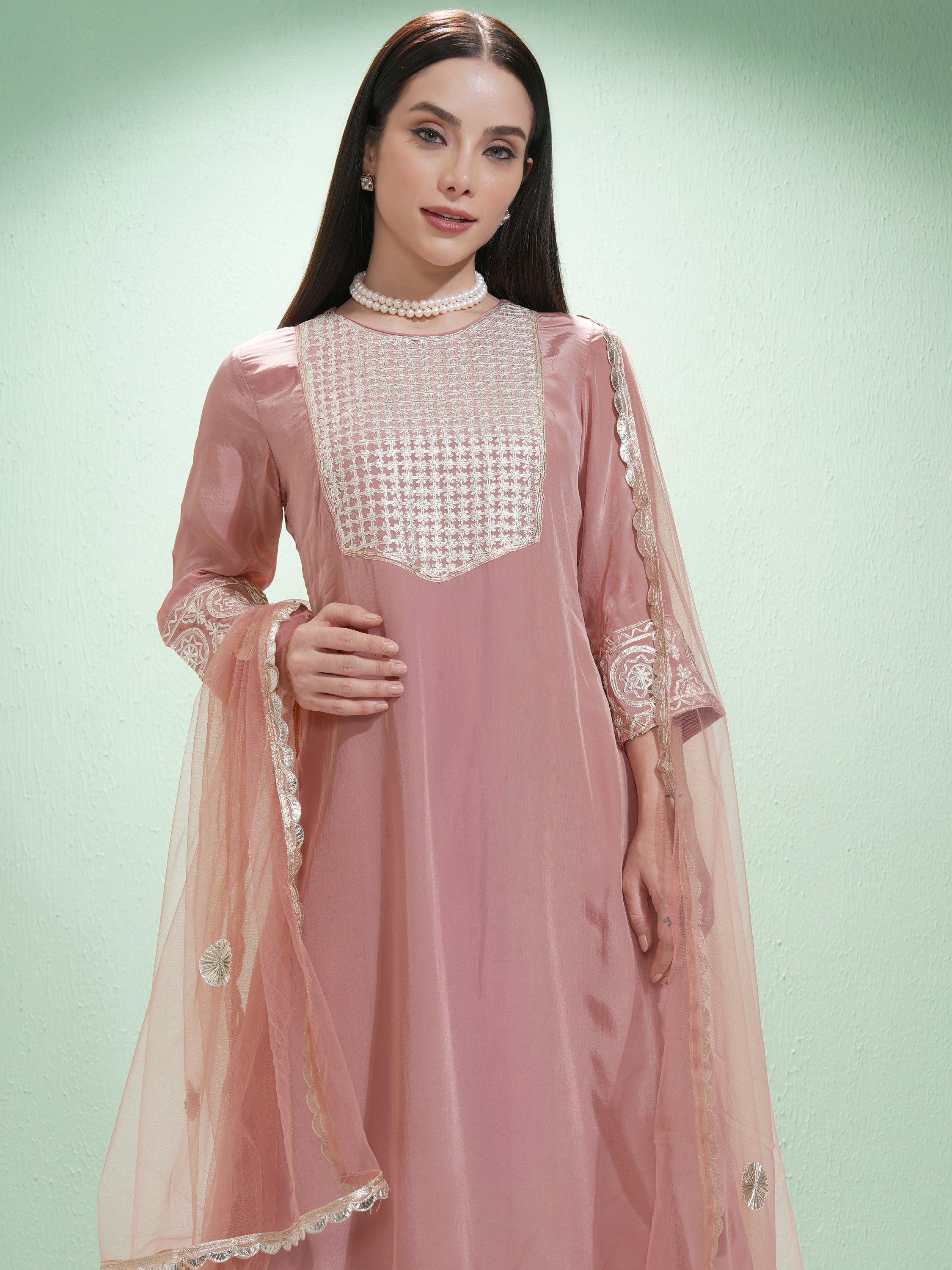 Vishudh Women Pink Embroidered Kurta With Trouser And Dupatta - Pink - Image 1