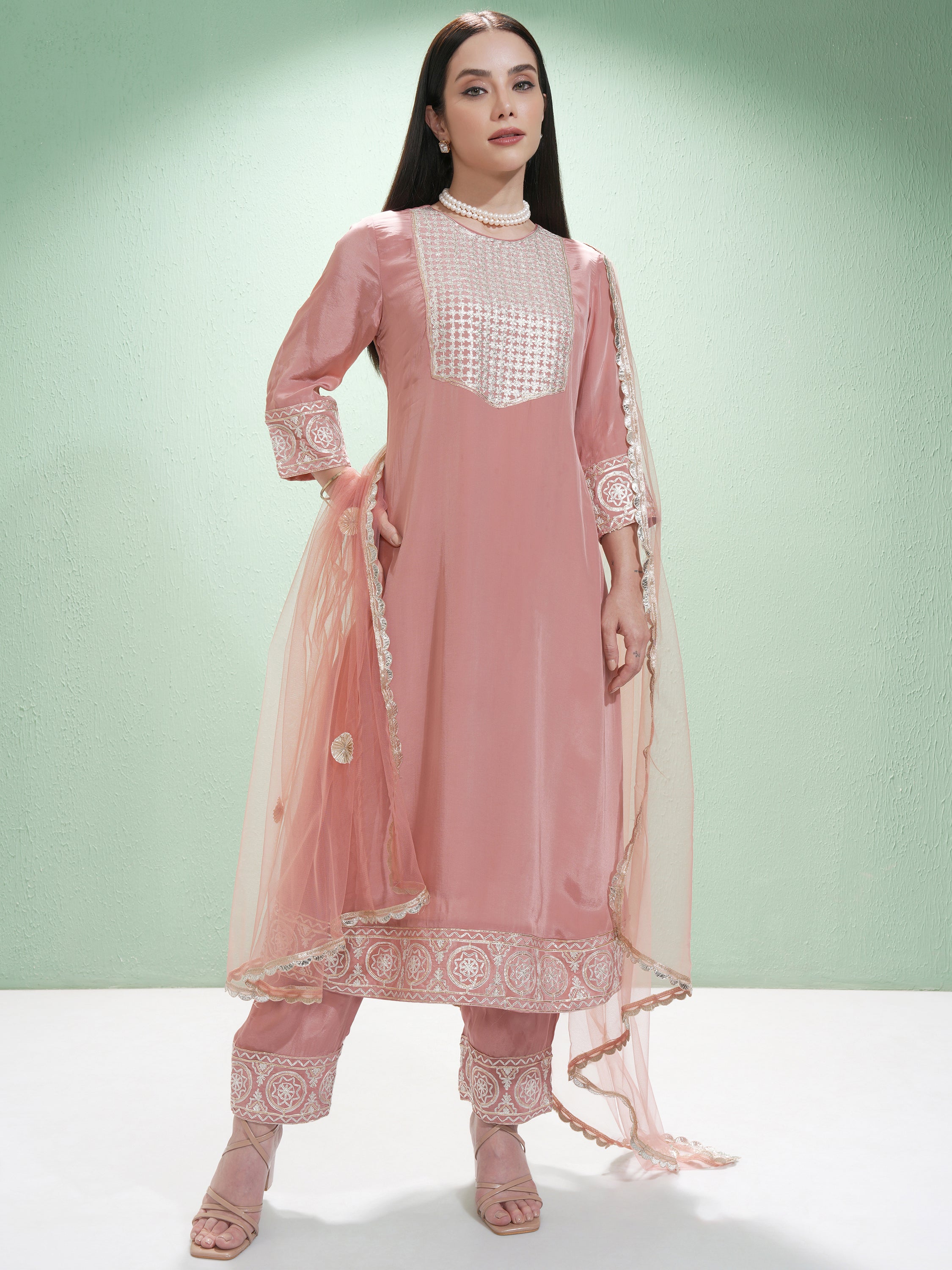 Vishudh Women Pink Embroidered Kurta With Trouser And Dupatta - Pink - Image 2