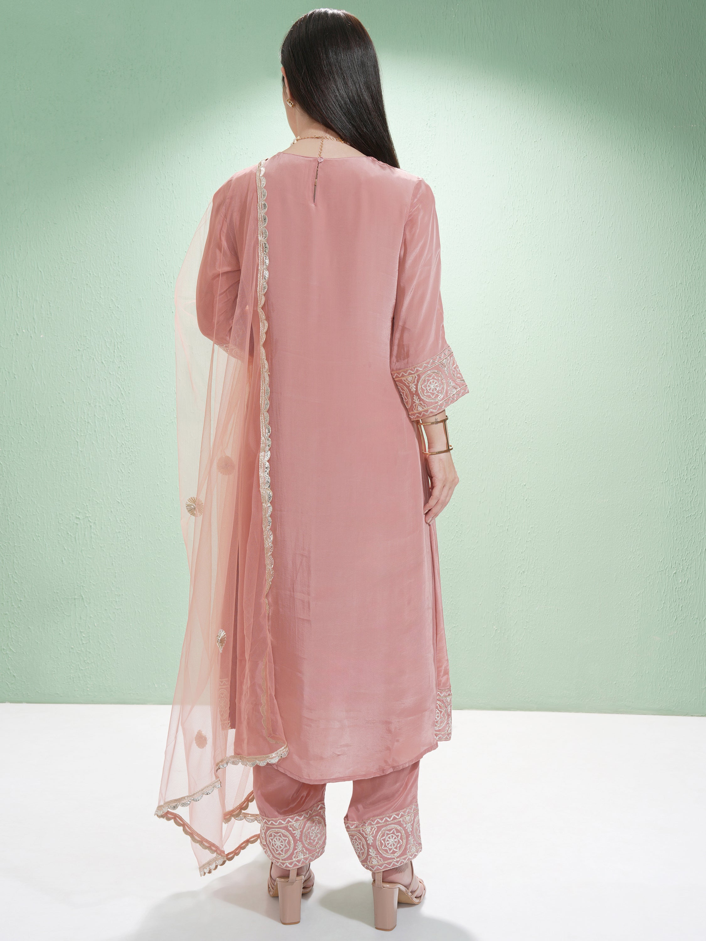 Vishudh Women Pink Embroidered Kurta With Trouser And Dupatta - Pink - Image 3
