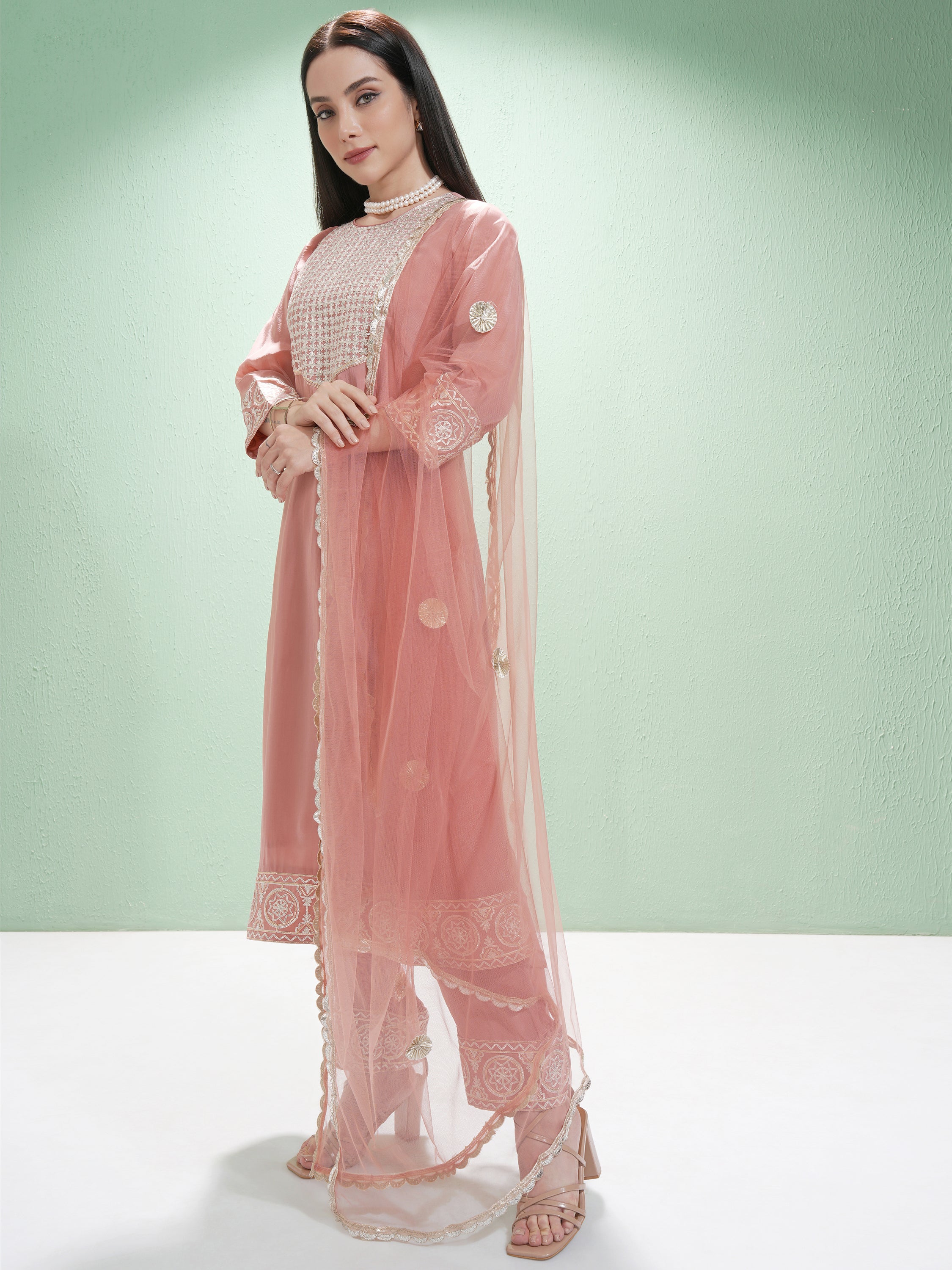 Vishudh Women Pink Embroidered Kurta With Trouser And Dupatta - Pink - Image 4