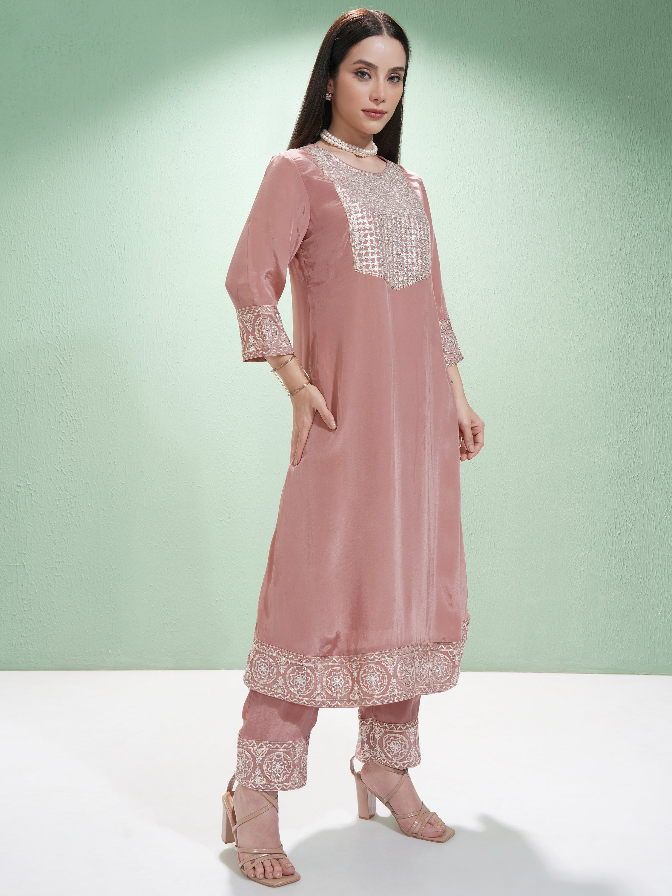 Vishudh Women Pink Embroidered Kurta With Trouser And Dupatta - Pink - Image 6