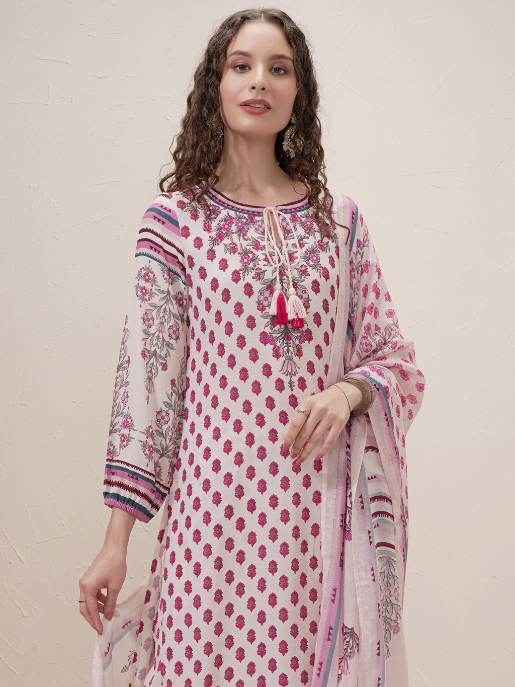 Vishudh Women Beige Printed Kurta With Trouser And Dupatta - Beige - Image 1