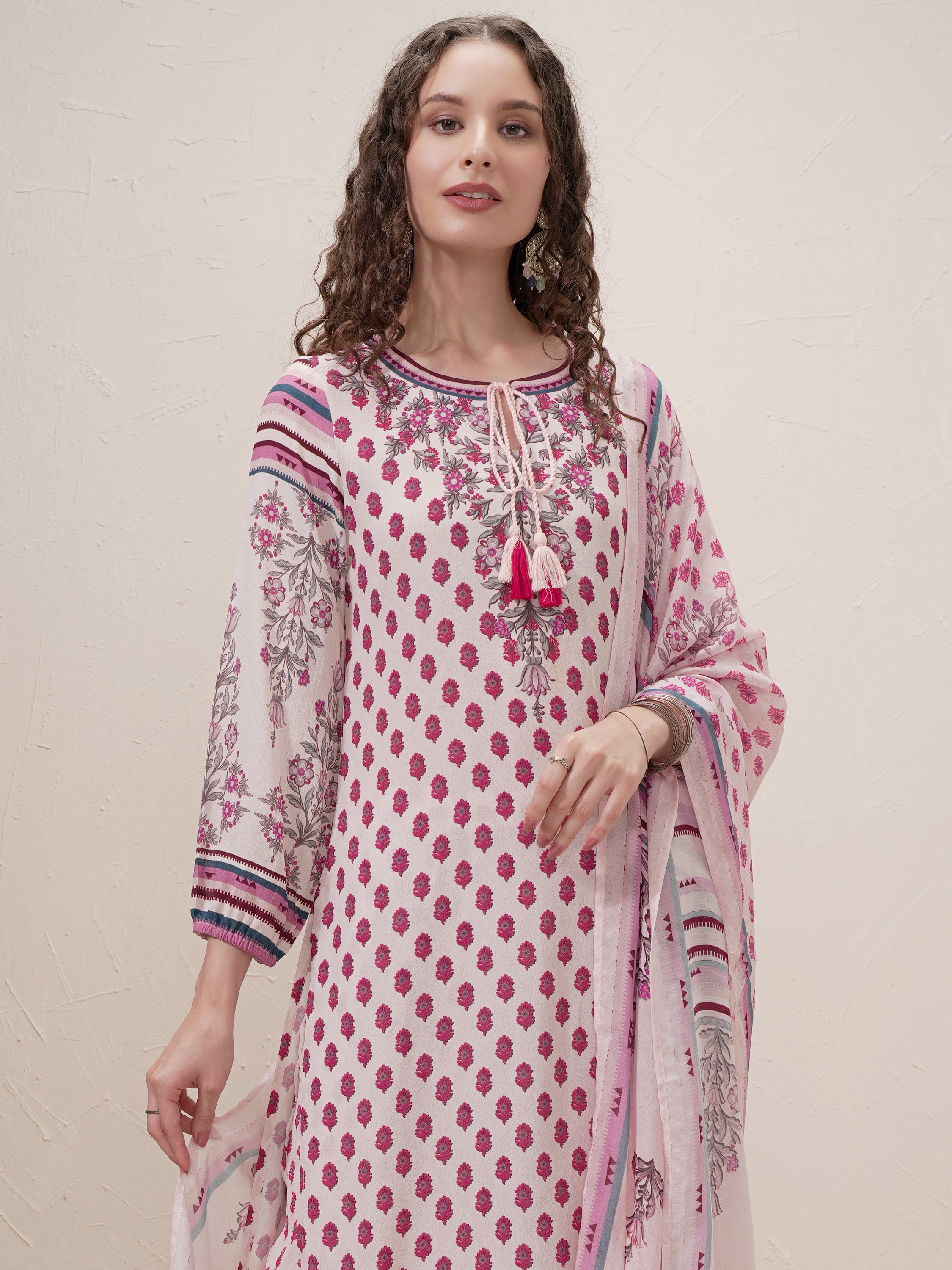 Vishudh Women Beige Printed Kurta With Trouser And Dupatta - Beige - Image 1