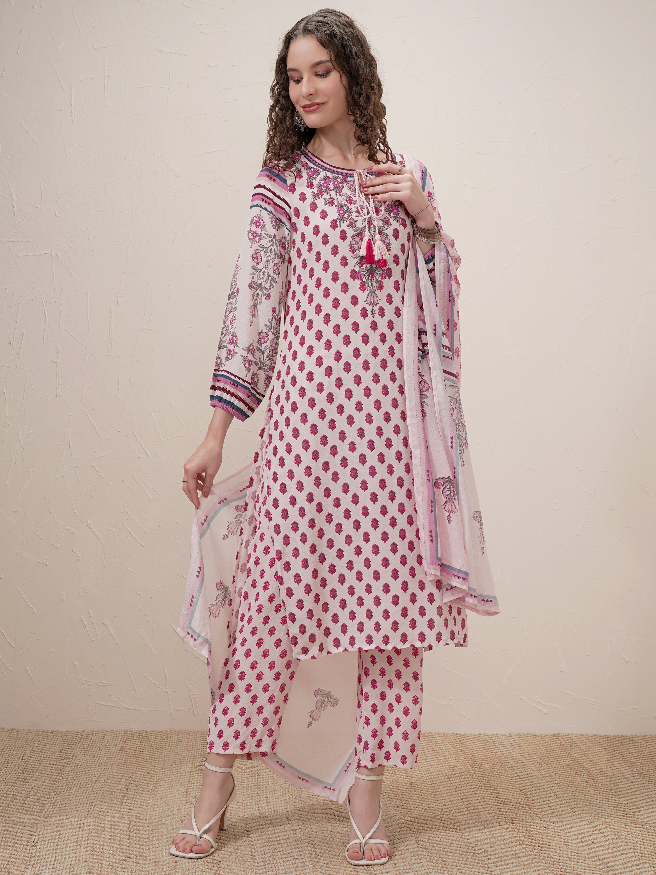 Vishudh Women Beige Printed Kurta With Trouser And Dupatta - Beige - Image 2