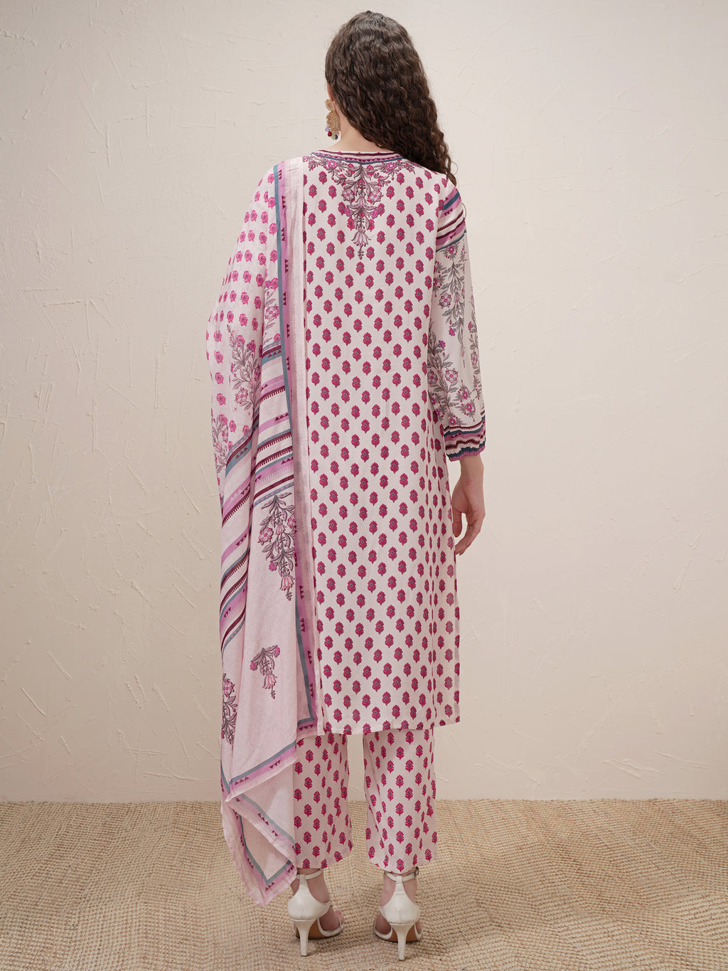 Vishudh Women Beige Printed Kurta With Trouser And Dupatta - Beige - Image 3