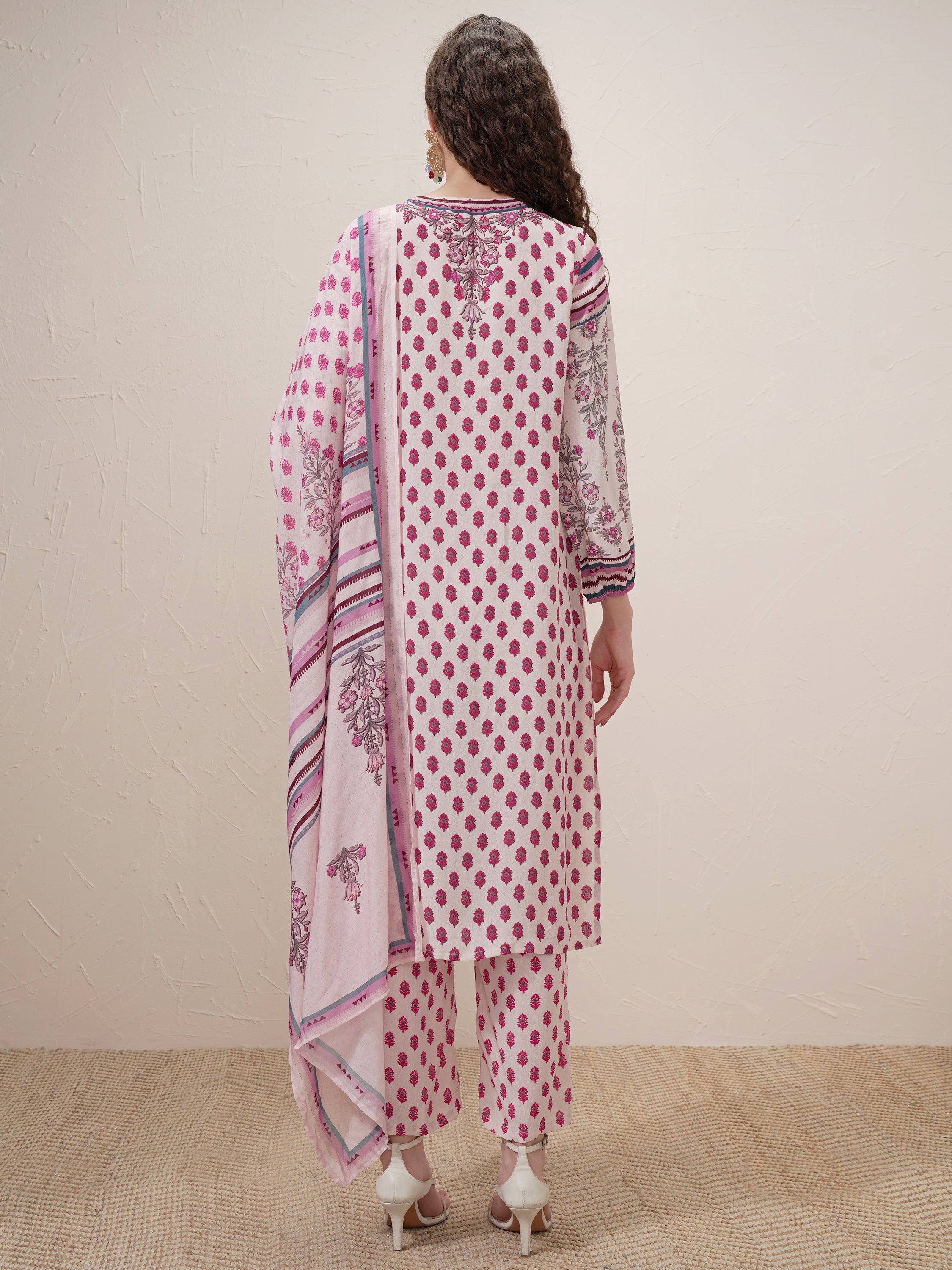 Vishudh Women Beige Printed Kurta With Trouser And Dupatta - Beige - Image 3