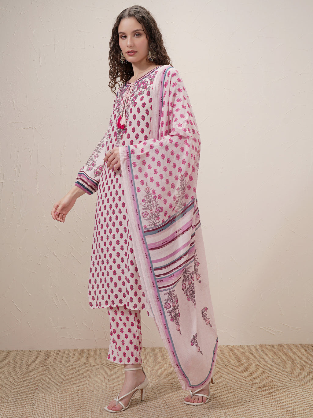 Vishudh Women Beige Printed Kurta With Trouser And Dupatta - Beige - Image 4