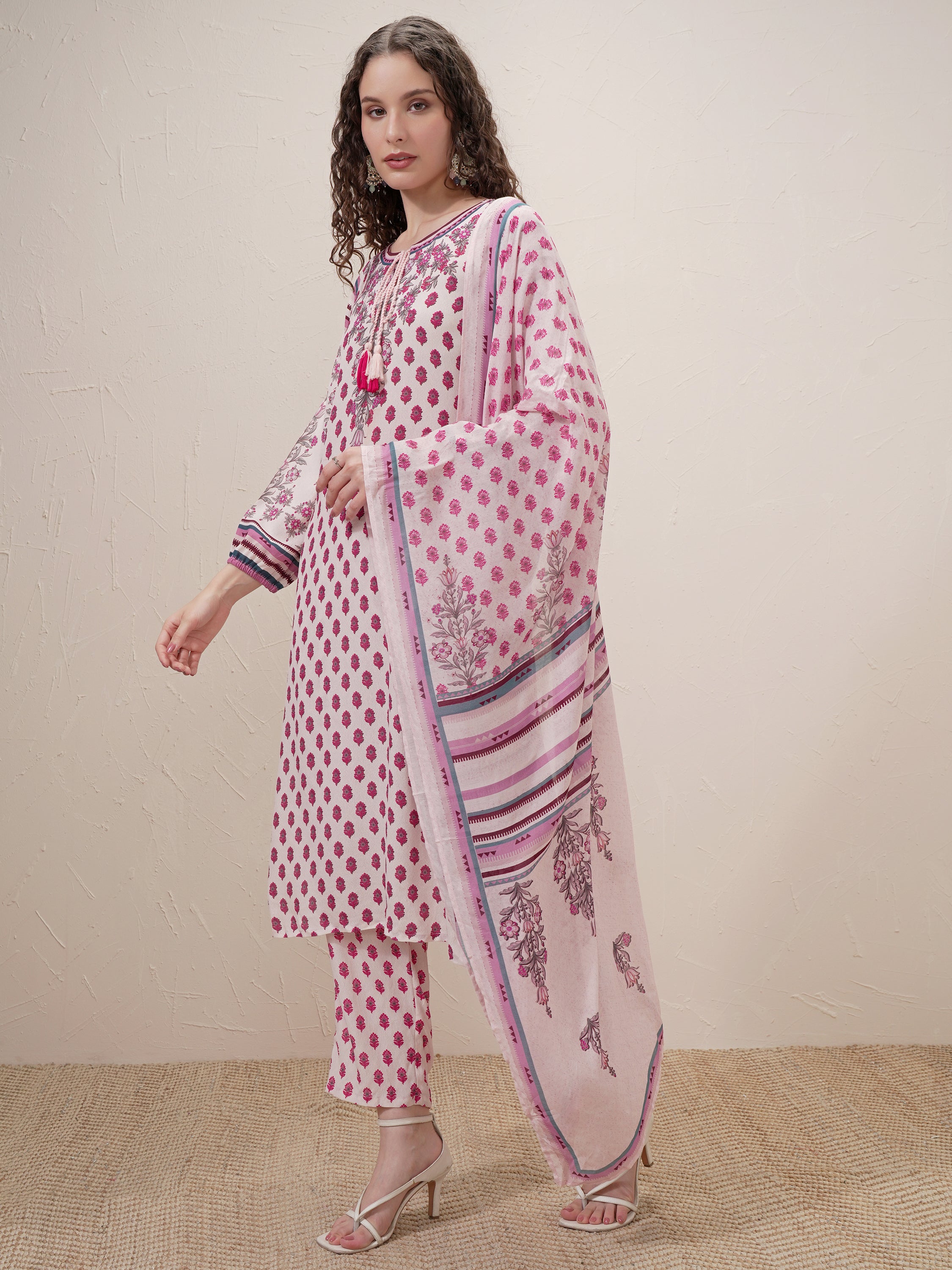 Vishudh Women Beige Printed Kurta With Trouser And Dupatta - Beige - Image 4