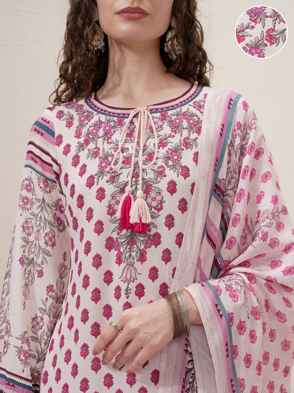 Vishudh Women Beige Printed Kurta With Trouser And Dupatta - Beige - Image 5
