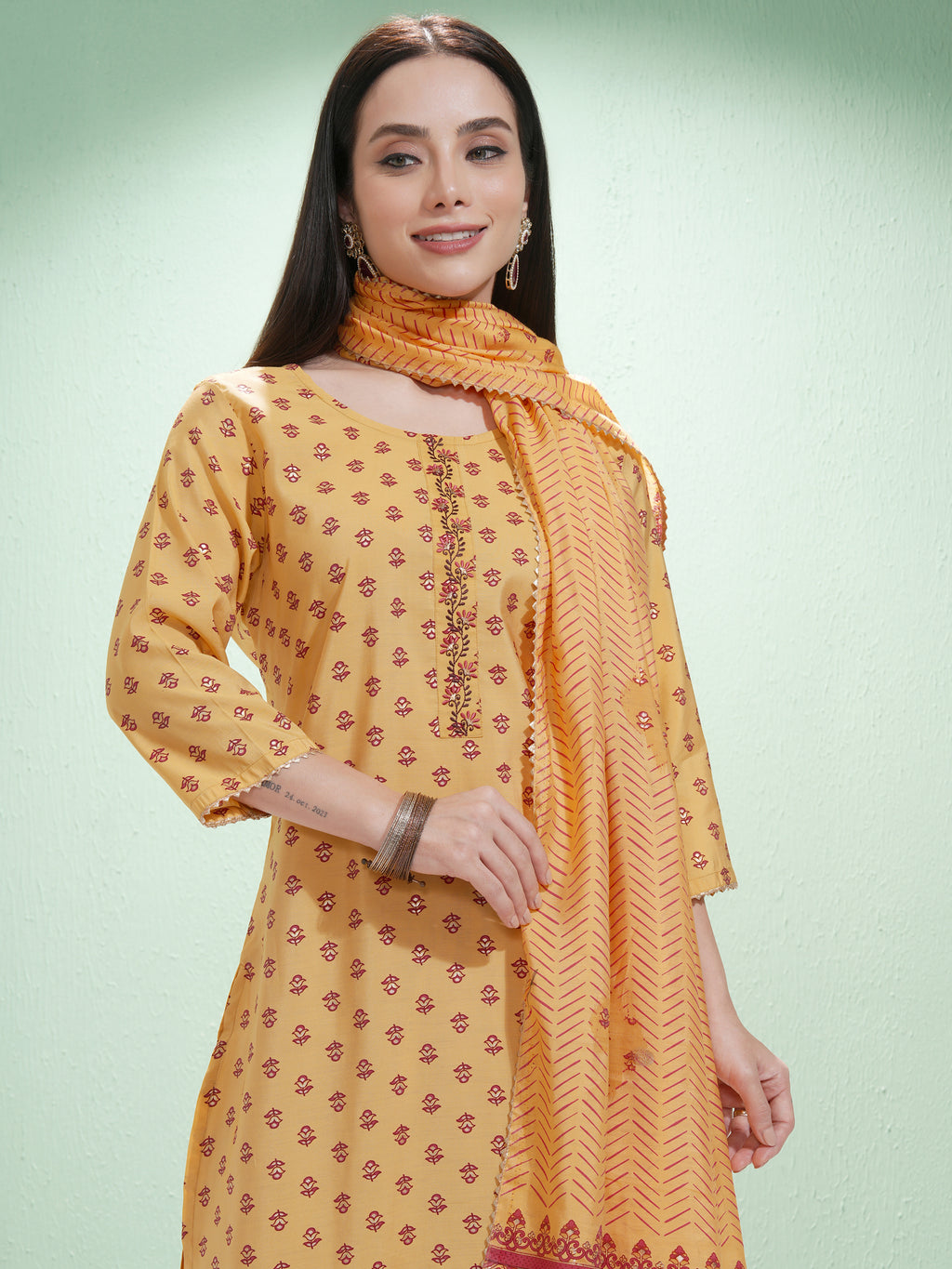 Vishudh Women Mustard Printed Kurta With Trouser And Dupatta - Mustard - Image 1