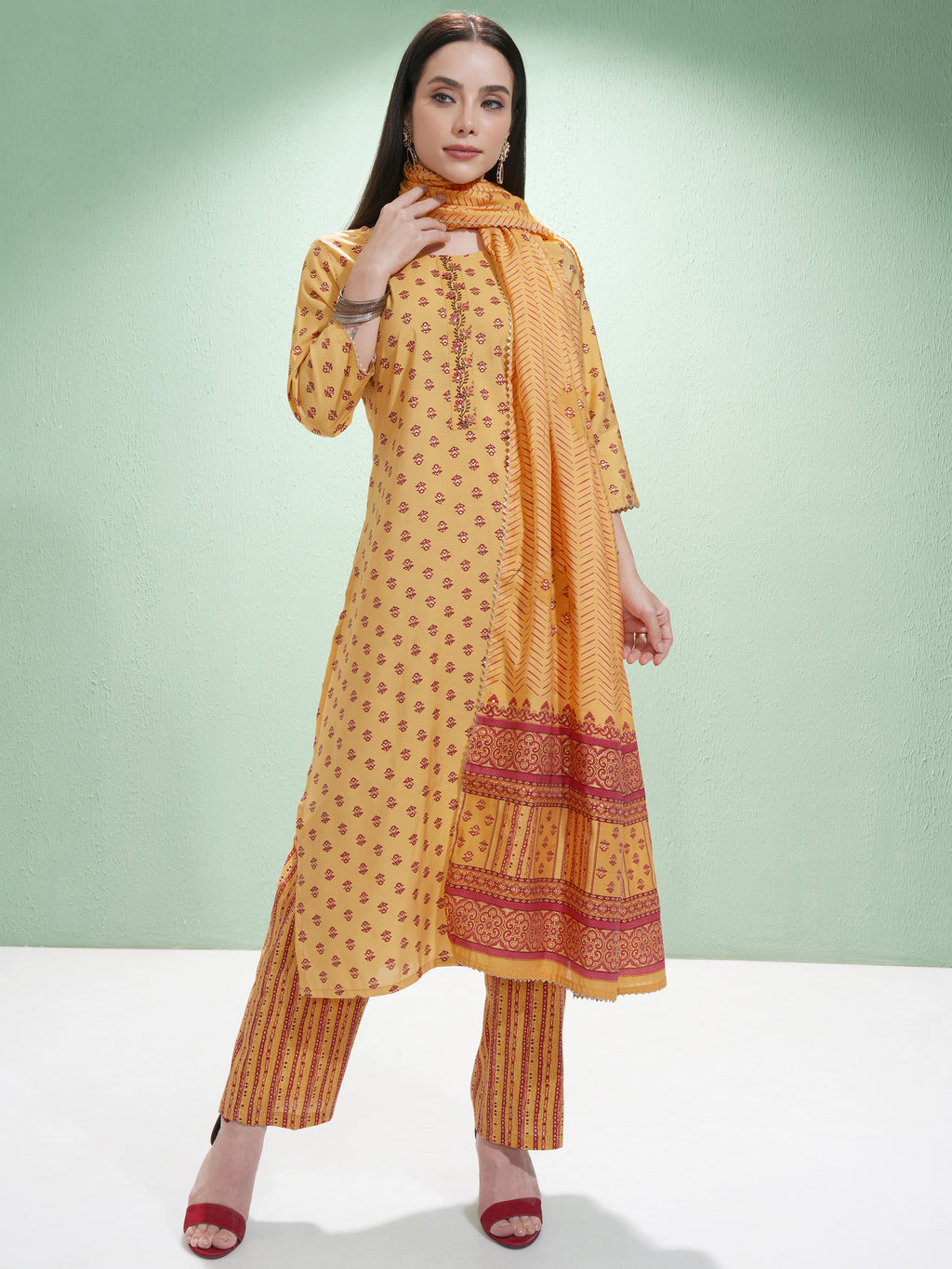 Vishudh Women Mustard Printed Kurta With Trouser And Dupatta - Mustard - Image 2