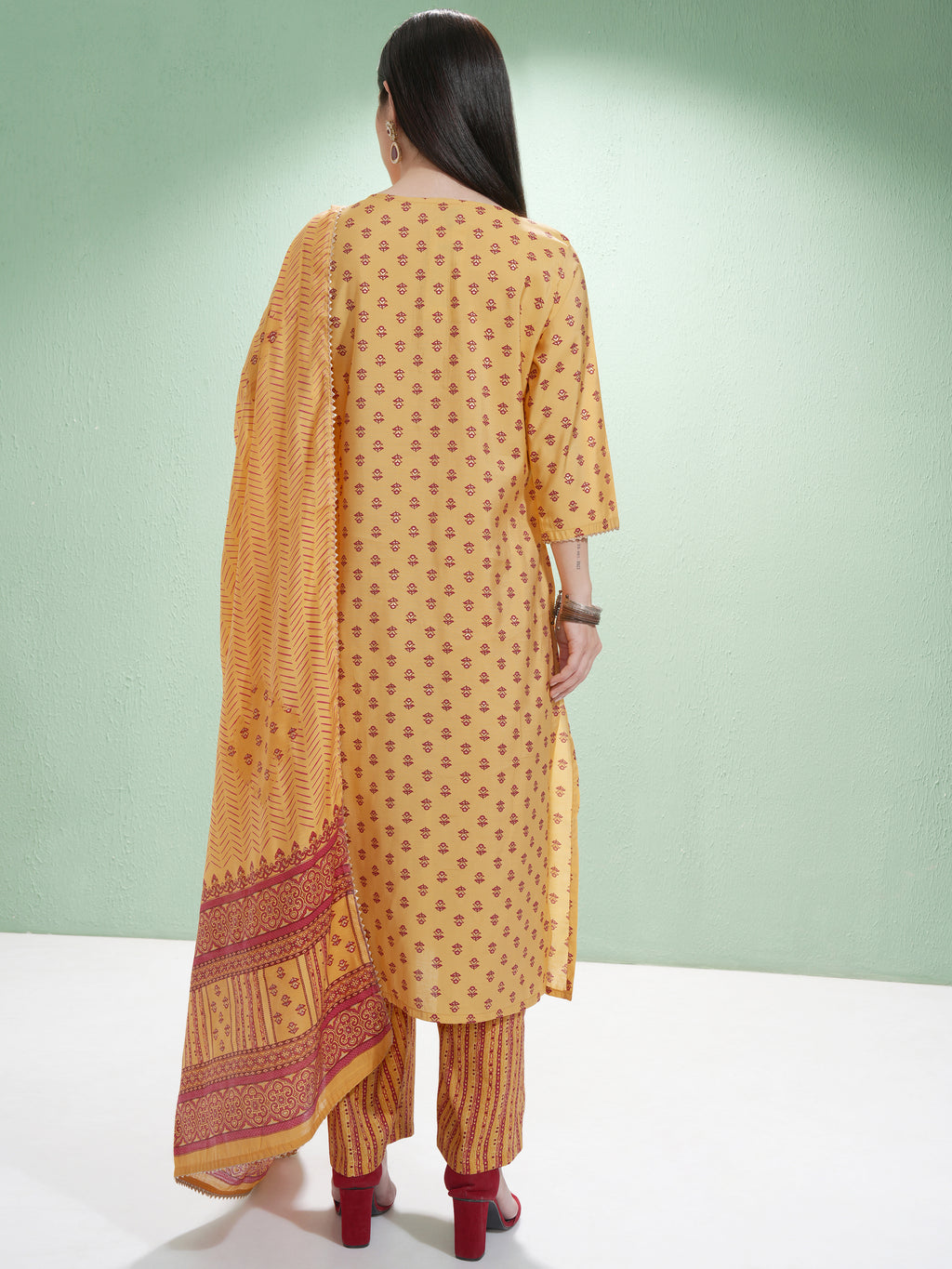 Vishudh Women Mustard Printed Kurta With Trouser And Dupatta - Mustard - Image 3
