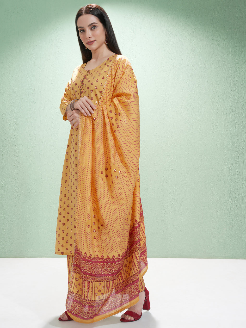 Vishudh Women Mustard Printed Kurta With Trouser And Dupatta - Mustard - Image 4