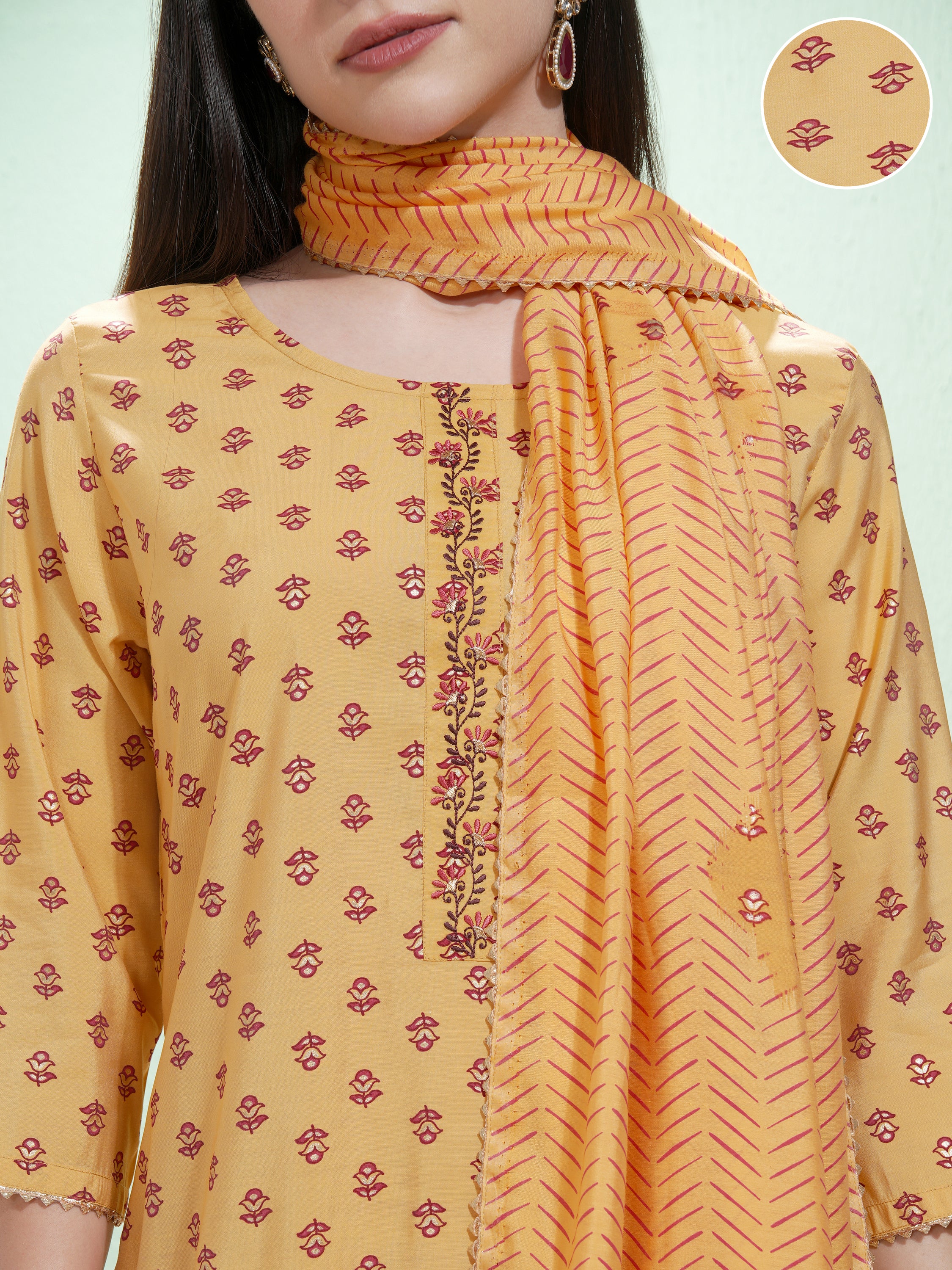 Vishudh Women Mustard Printed Kurta With Trouser And Dupatta - Mustard - Image 5