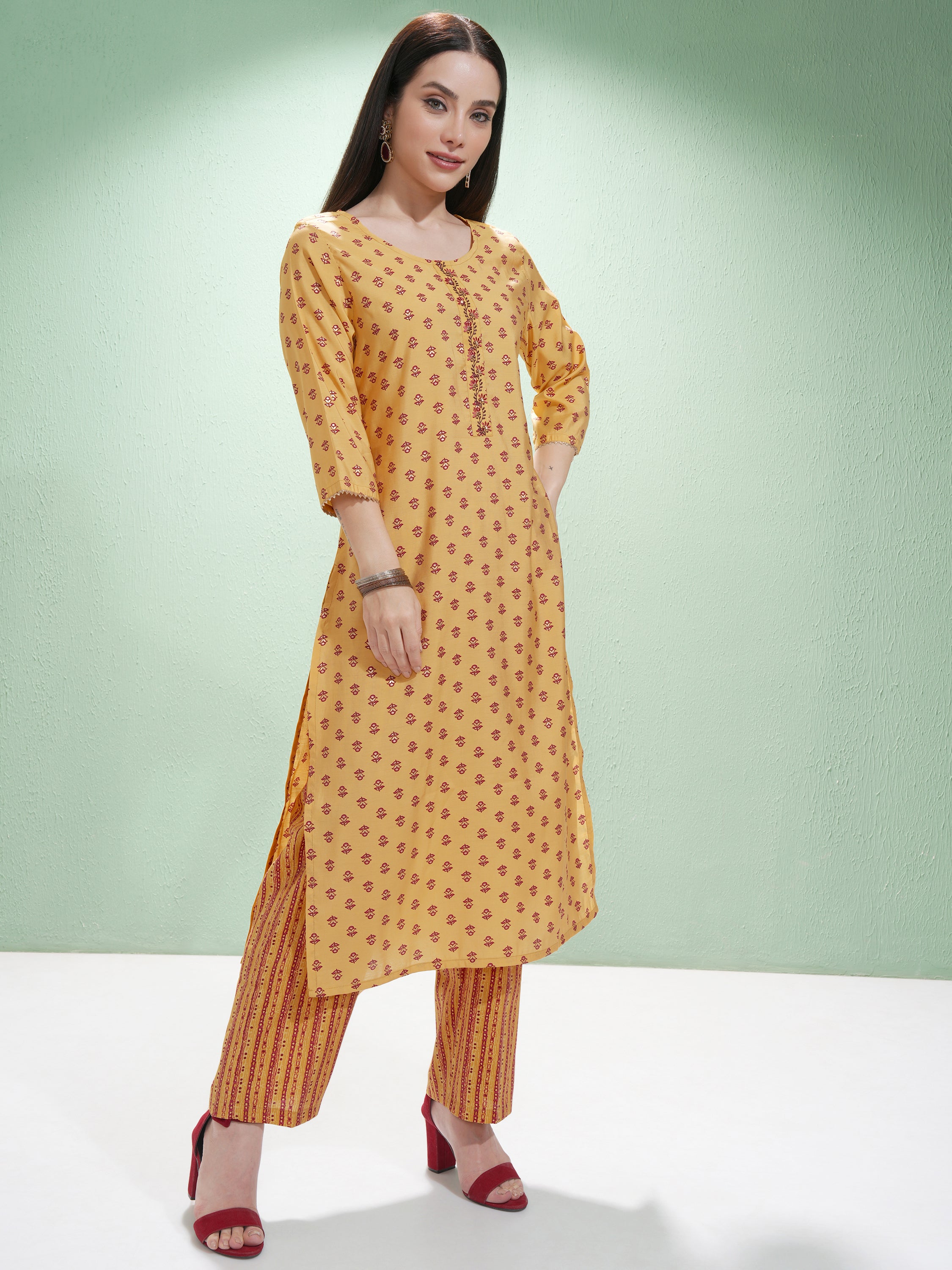 Vishudh Women Mustard Printed Kurta With Trouser And Dupatta - Mustard - Image 6