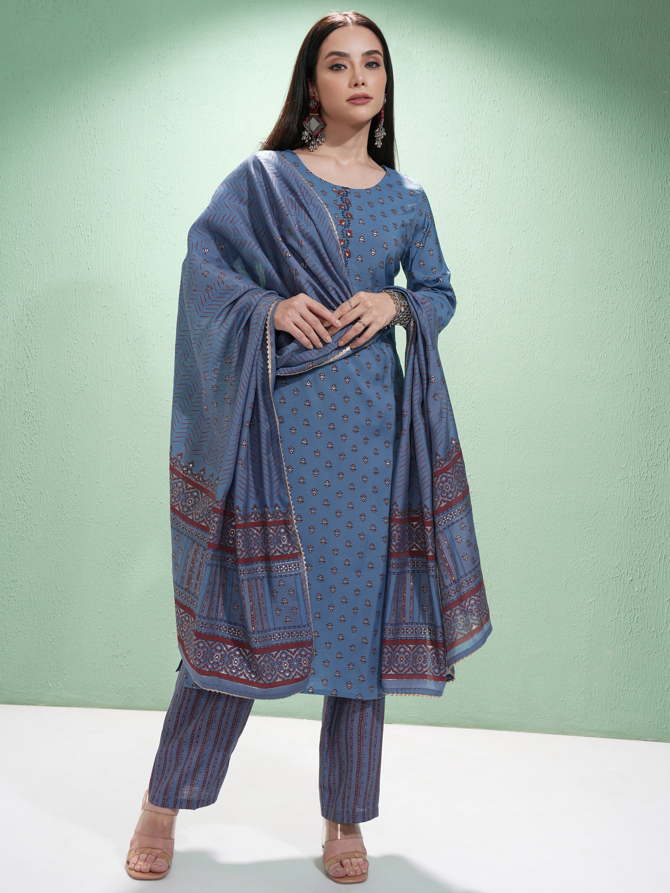 Vishudh Women Blue Printed Kurta With Trouser And Dupatta - Blue - Image 2