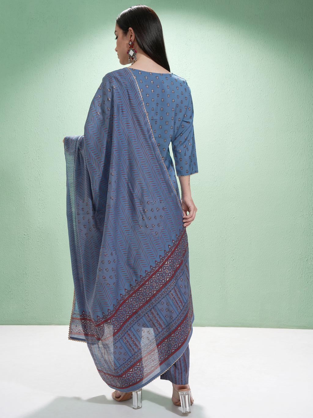 Vishudh Women Blue Printed Kurta With Trouser And Dupatta - Blue - Image 3