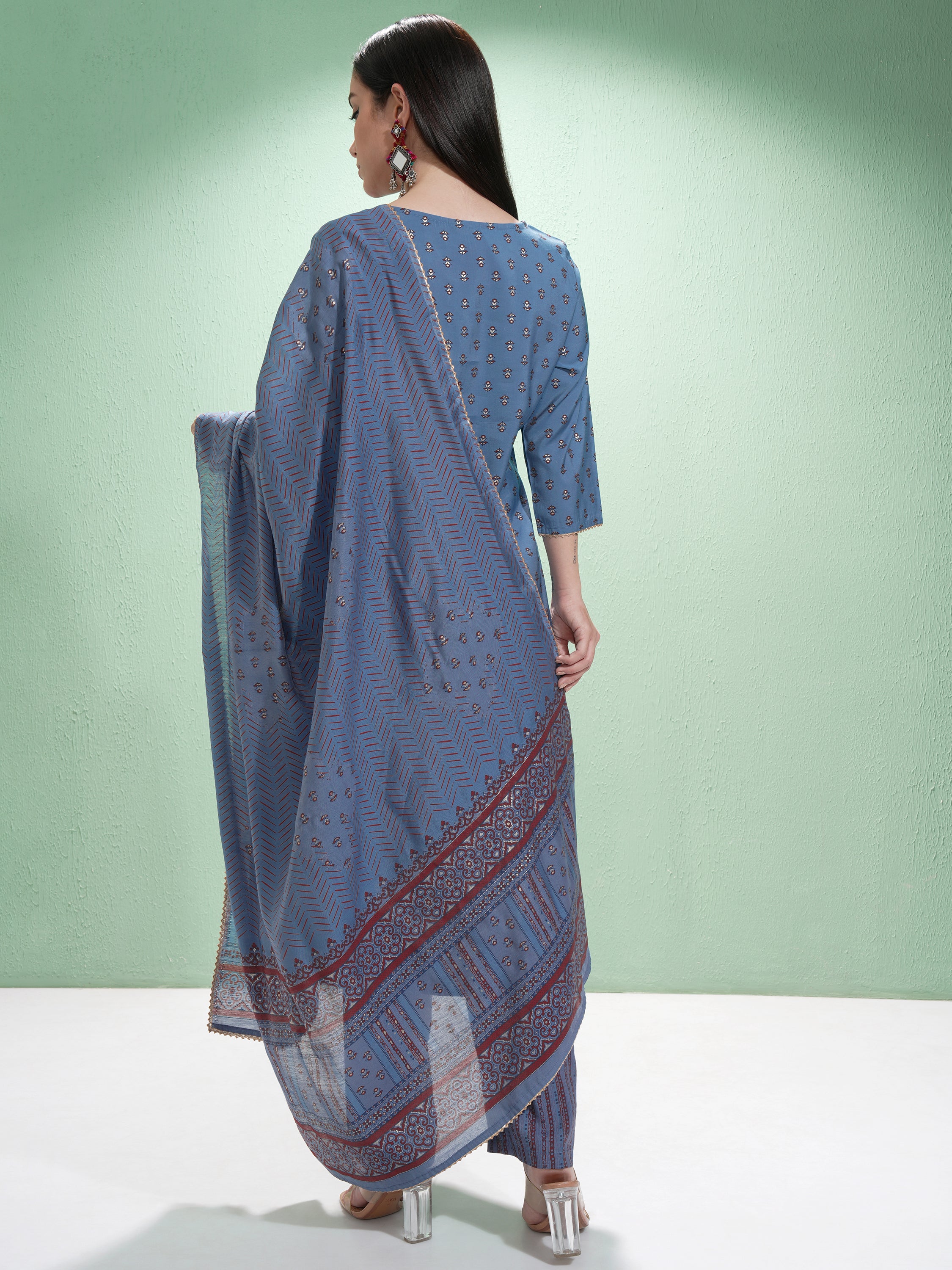 Vishudh Women Blue Printed Kurta With Trouser And Dupatta - Blue - Image 3