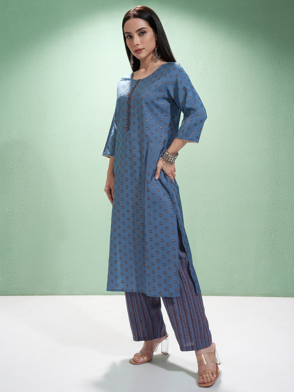 Vishudh Women Blue Printed Kurta With Trouser And Dupatta - Blue - Image 4