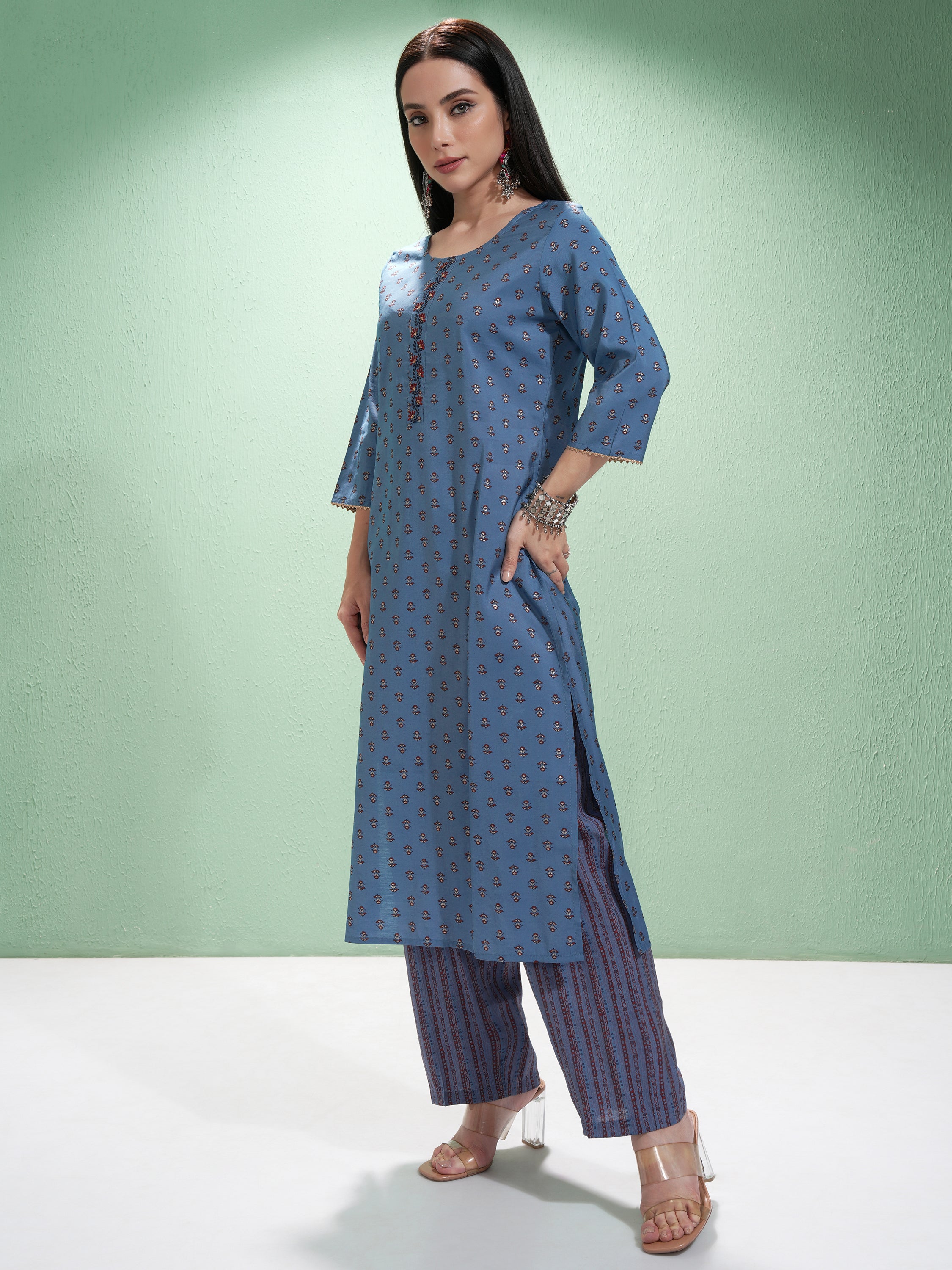 Vishudh Women Blue Printed Kurta With Trouser And Dupatta - Blue - Image 4