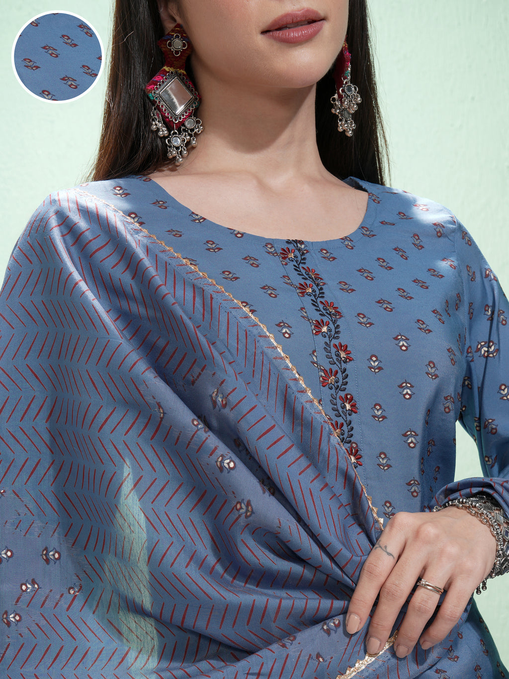 Vishudh Women Blue Printed Kurta With Trouser And Dupatta - Blue - Image 5