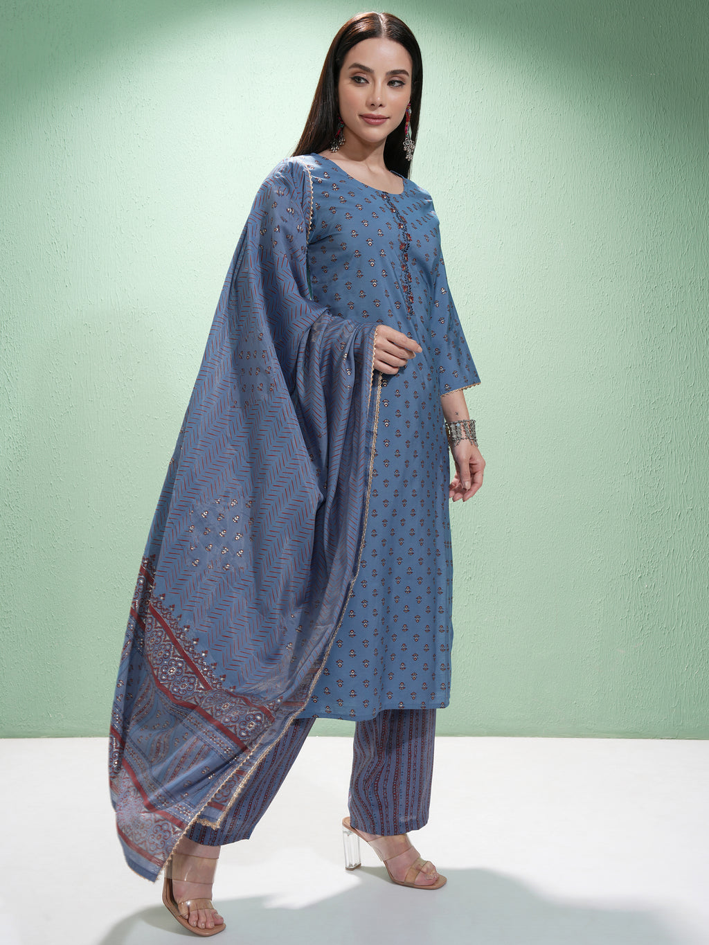 Vishudh Women Blue Printed Kurta With Trouser And Dupatta - Blue - Image 6