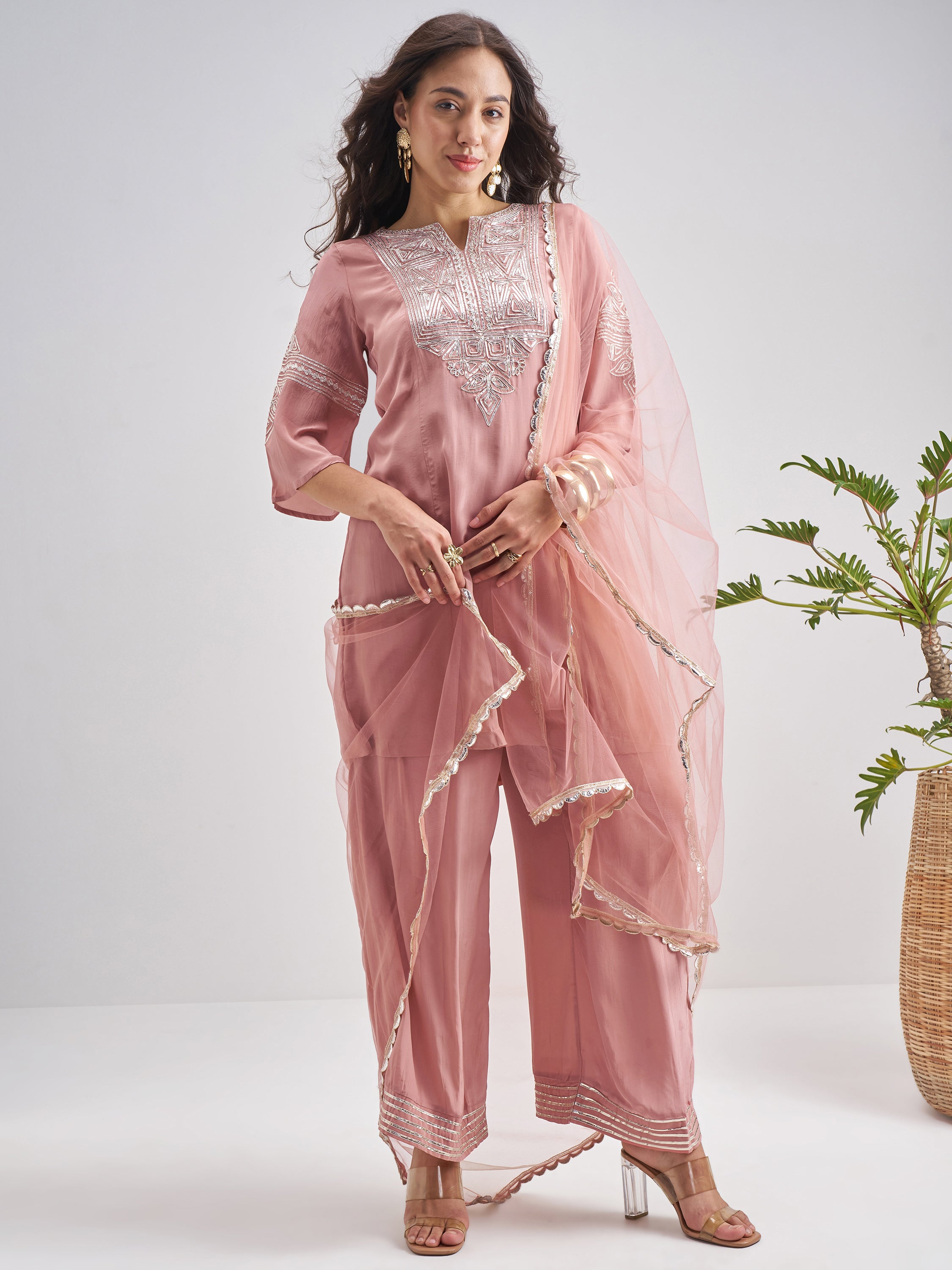 Vishudh Women Pink Embroidered Kurta With Trouser And Dupatta - Pink - Image 1