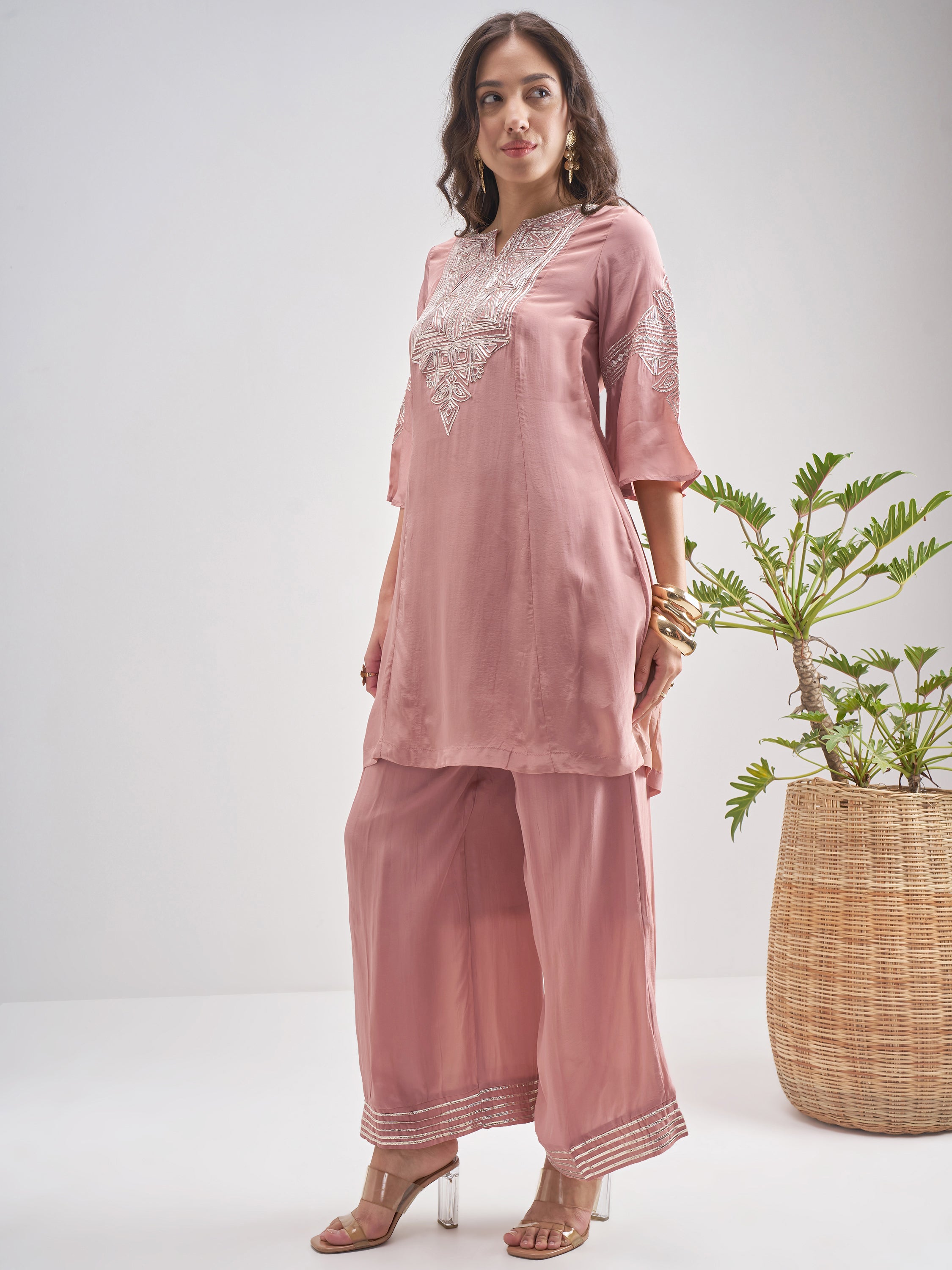 Vishudh Women Pink Embroidered Kurta With Trouser And Dupatta - Pink - Image 2