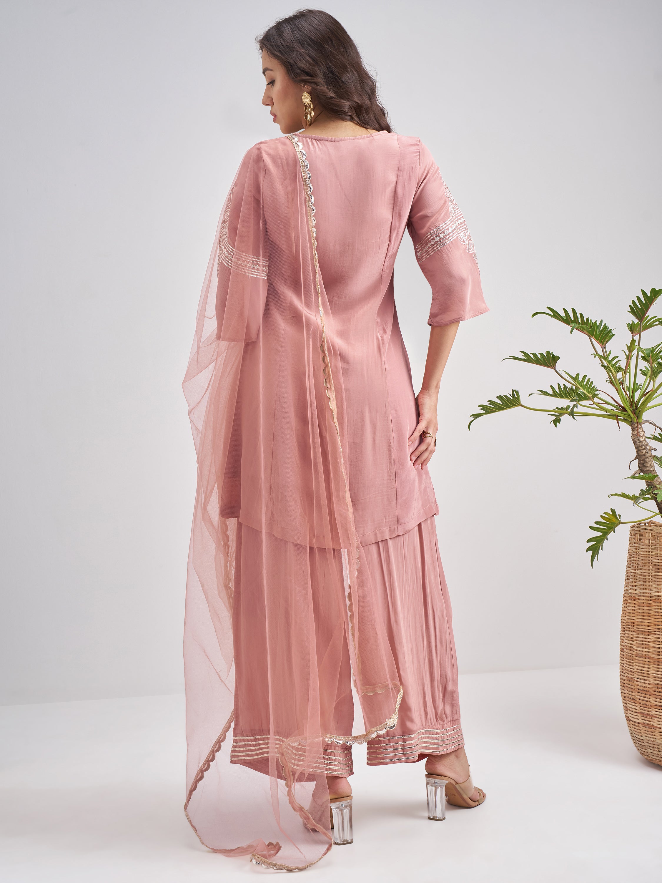 Vishudh Women Pink Embroidered Kurta With Trouser And Dupatta - Pink - Image 3