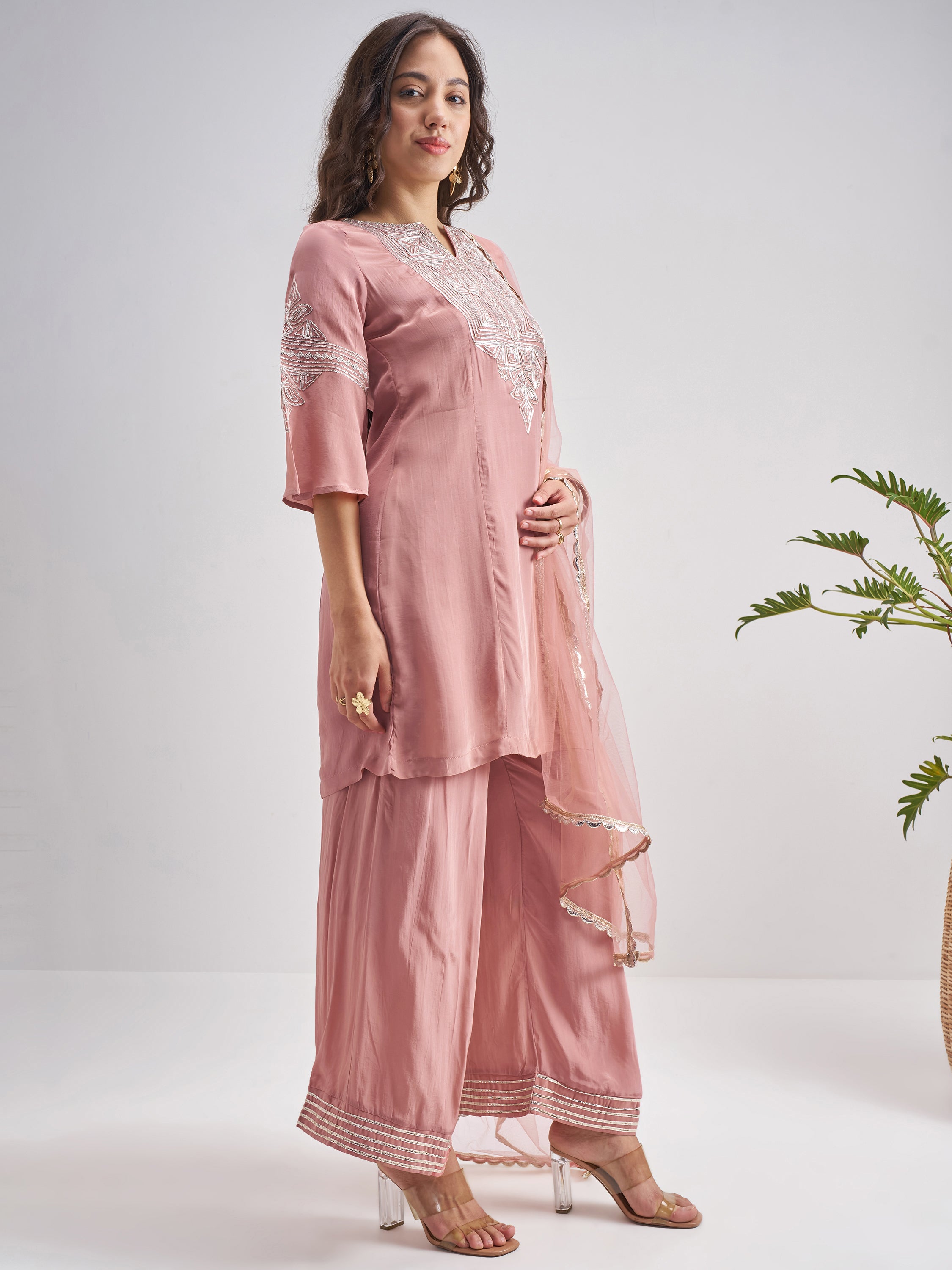 Vishudh Women Pink Embroidered Kurta With Trouser And Dupatta - Pink - Image 4