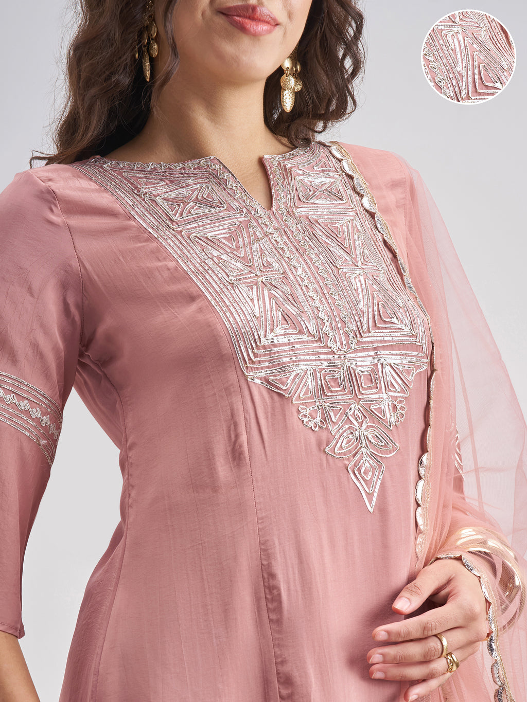 Vishudh Women Pink Embroidered Kurta With Trouser And Dupatta - Pink - Image 5