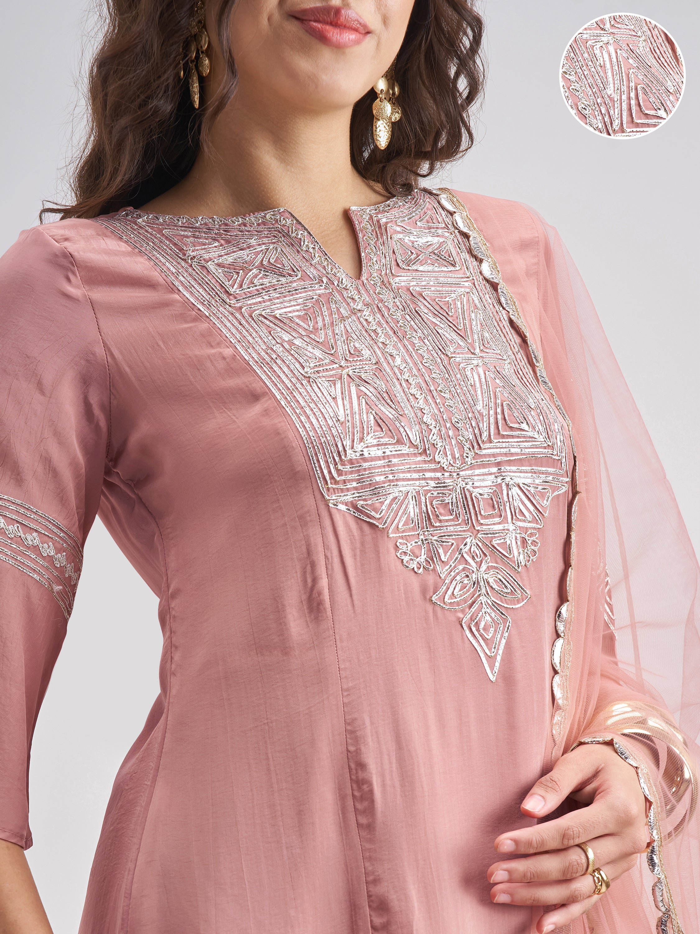 Vishudh Women Pink Embroidered Kurta With Trouser And Dupatta - Pink - Image 5