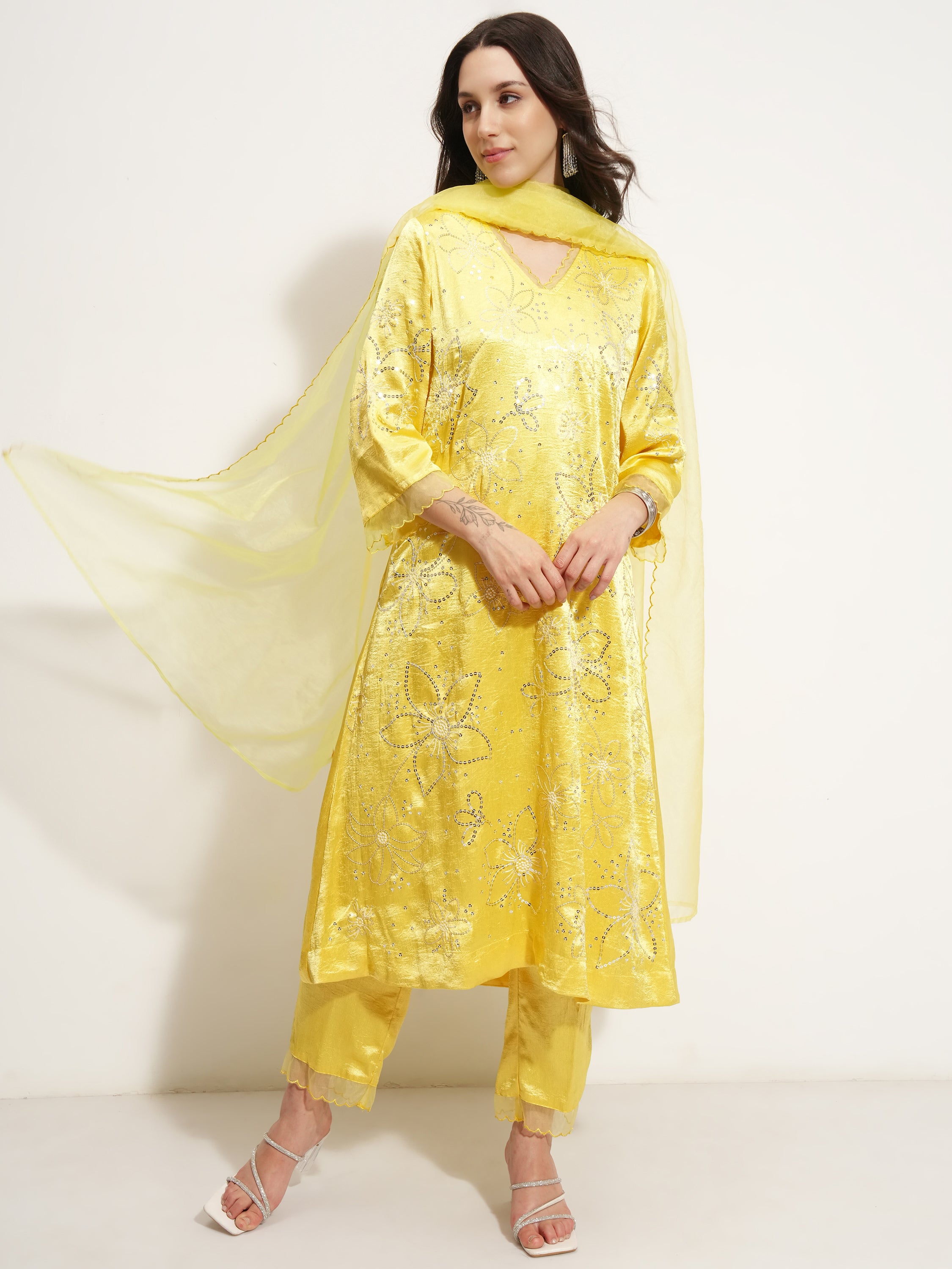 Vishudh Women yellow Embroidered Kurta With Trouser And Dupatta - yellow - Image 2