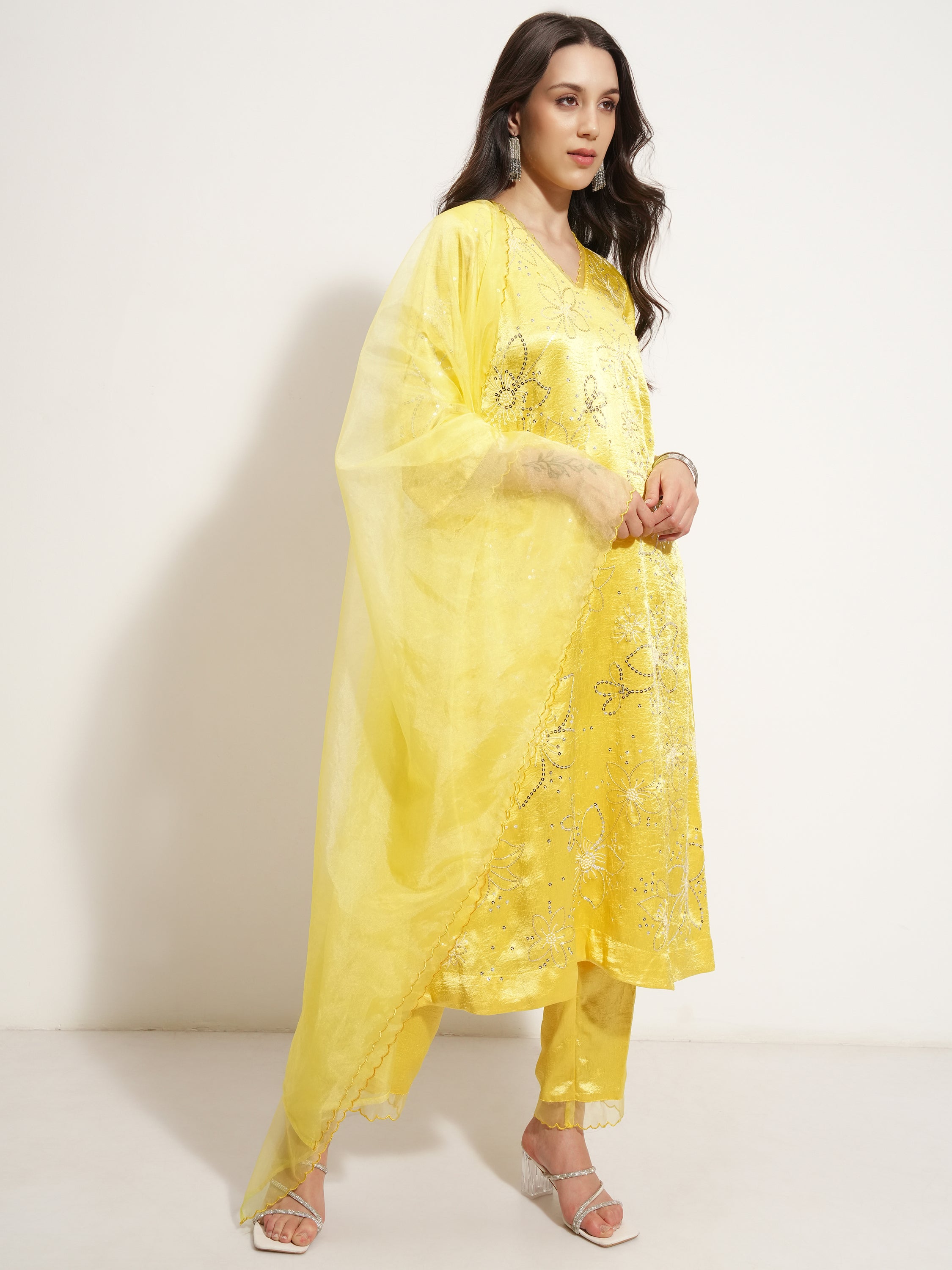 Vishudh Women yellow Embroidered Kurta With Trouser And Dupatta - yellow - Image 6