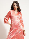 Vishudh Women Coral Embroidered Kurta With Trouser And Dupatta - Coral - Image 1